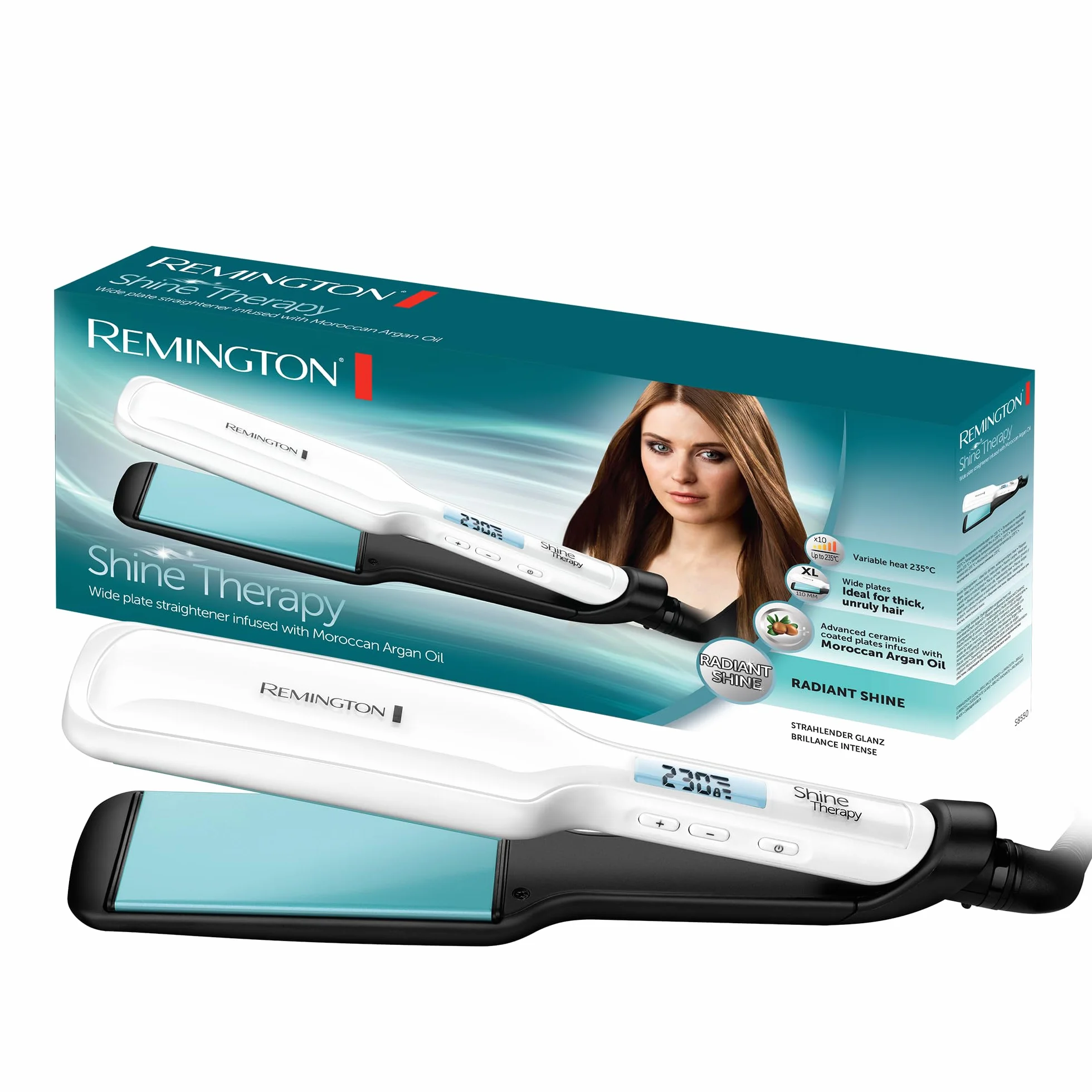 Remington prostownica do włosów, płytki ceramiczne z mikroodżywkami z marokańskim olejem, bardzo szerokie płytki, zakres temp. 150-235°C, ruchome płytki, obrotowy przewód, biała, Shine Therapy S8550