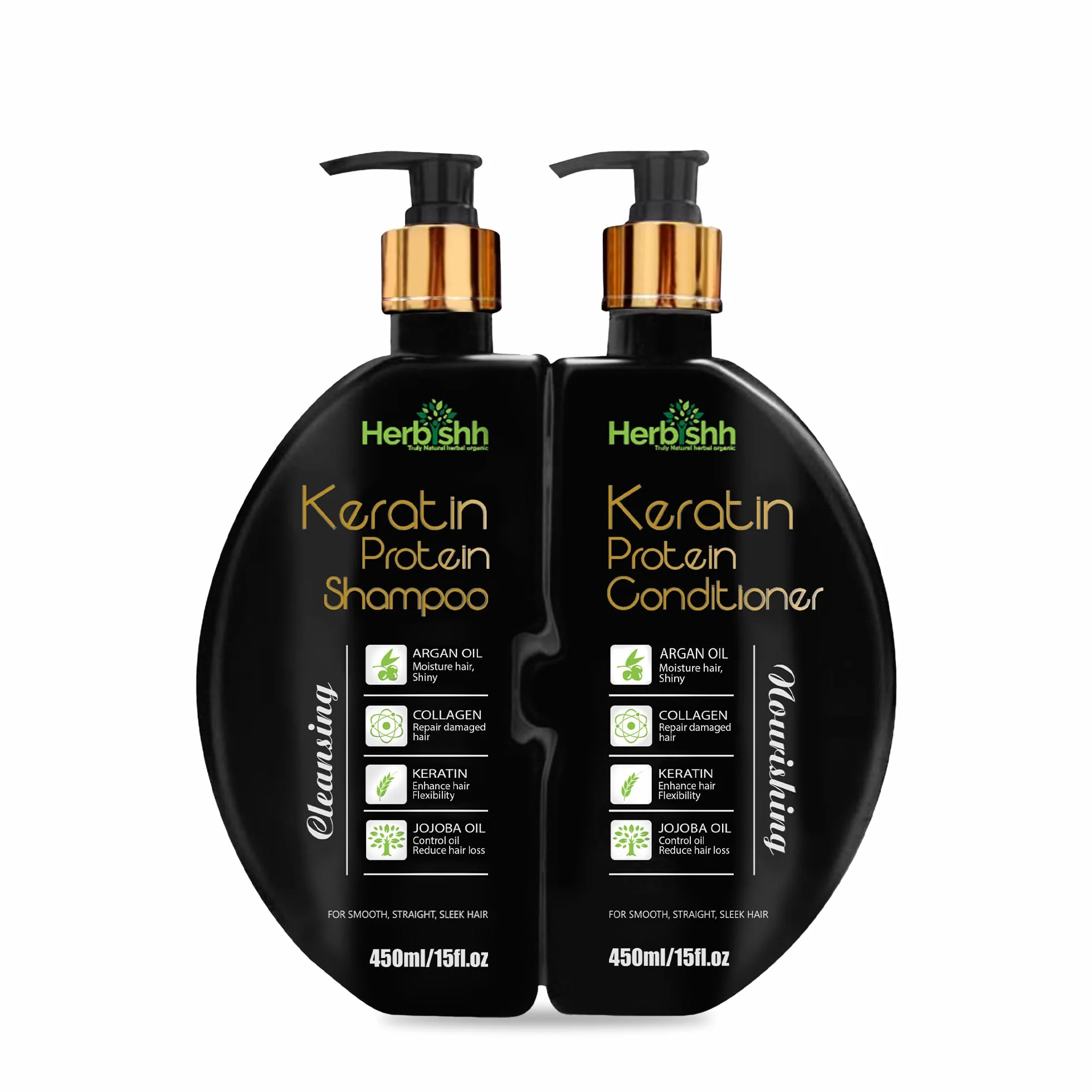 Herbishh Keratin Shampoo and Conditioner Set – Hydrating Keratin Shampoo & Nourishing Conditioner for Dry Damaged Hair – Sulfate Free – Plant Based Keratin Shampoo Conditioner – Safe & Effective