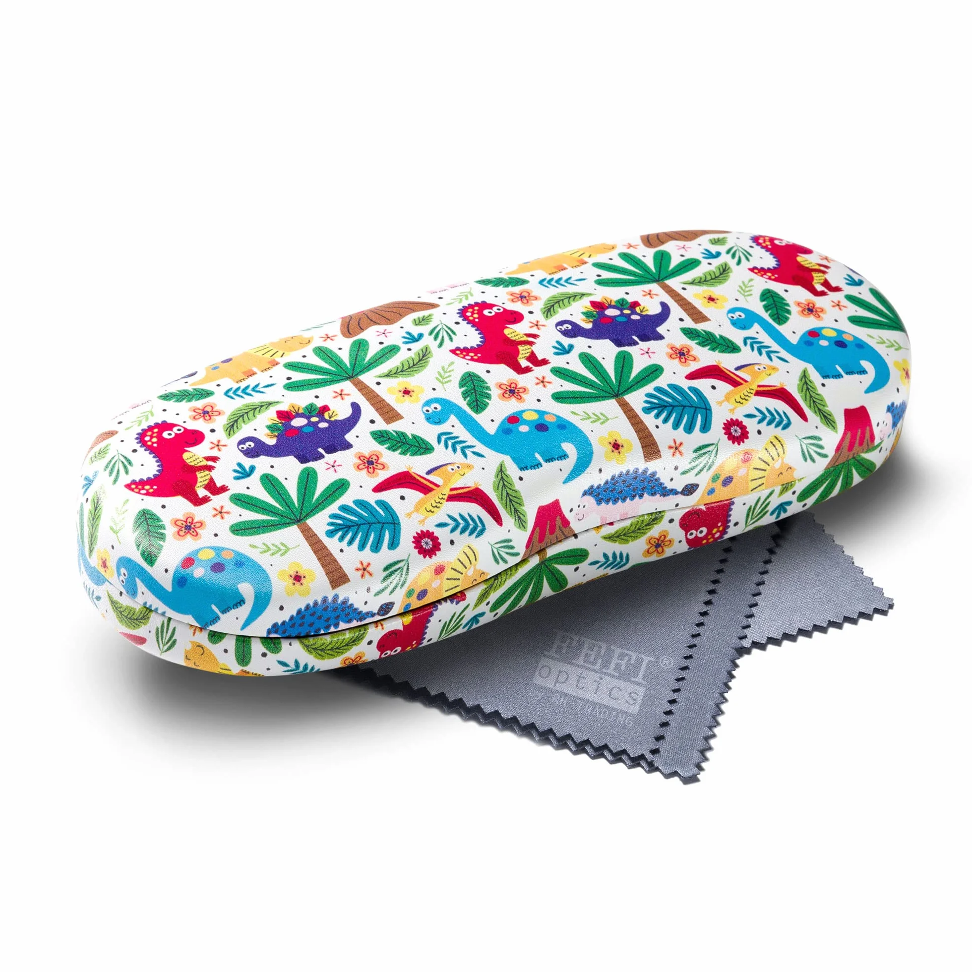 FEFI - Dziecięce etui na okulary (twarda obudowa) z zabawnymi motywami – łącznie ze ściereczką do czyszczenia okularów / ściereczką z mikrofibry, Dino, m