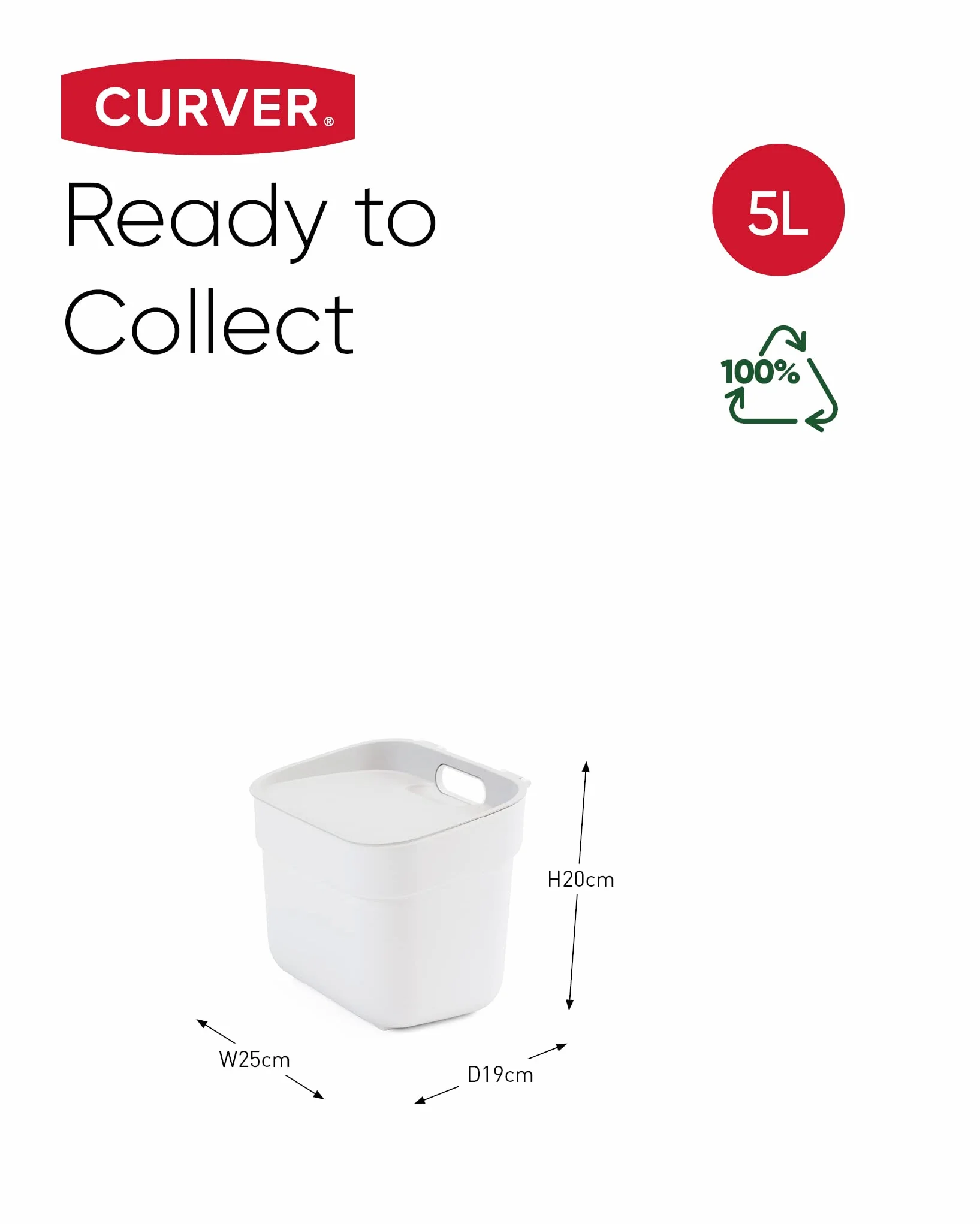 CURVER Kosz na śmieci 5L "Ready To Collect" - nadaje się do kompostu - z uchwytem ściennym lub drzwiowym - kuchnia, łazienka, pralnia - 100% recykling - biały