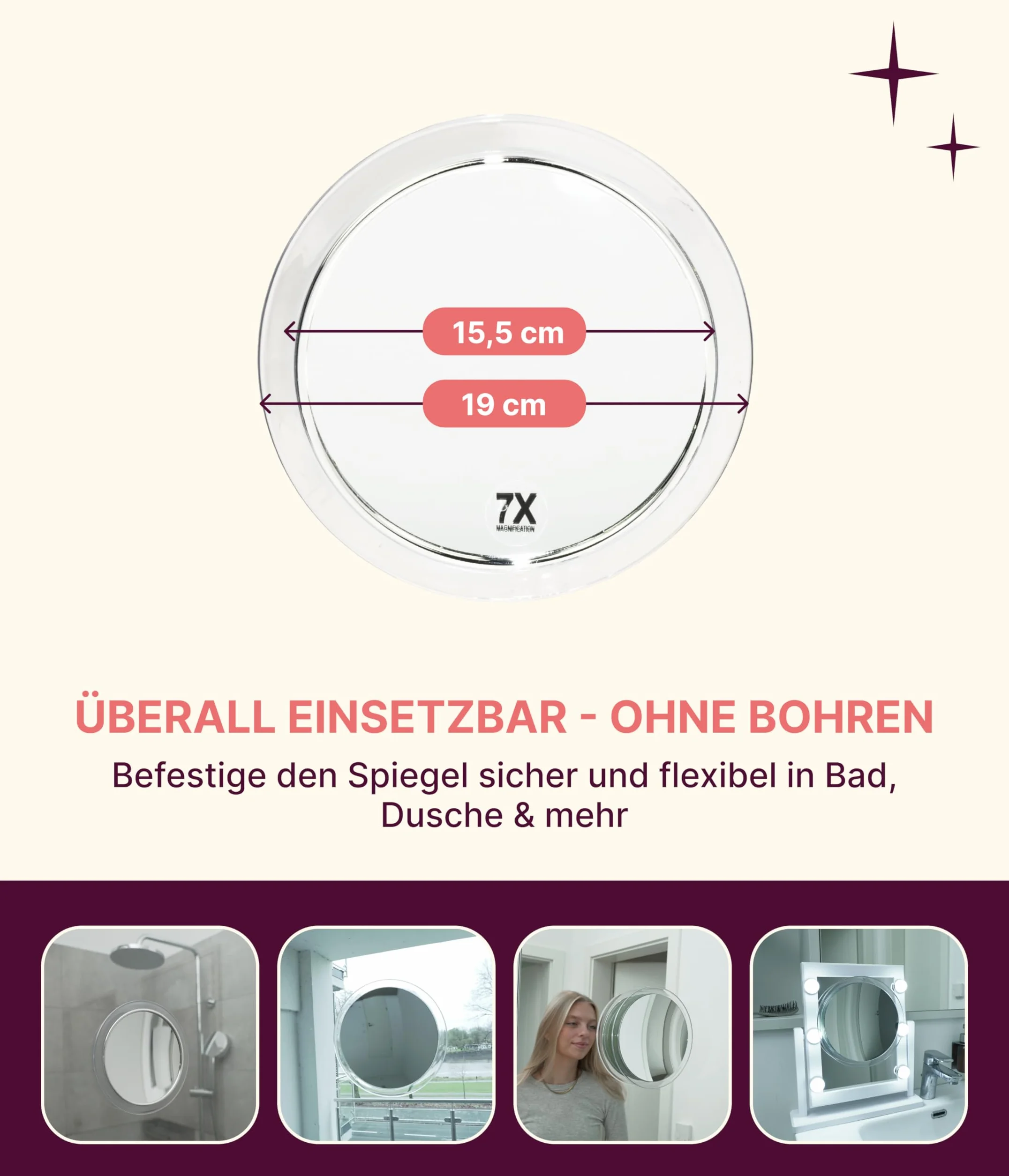 Lustro z okularami ssącymi akryl ze srebrnym pierścieniem