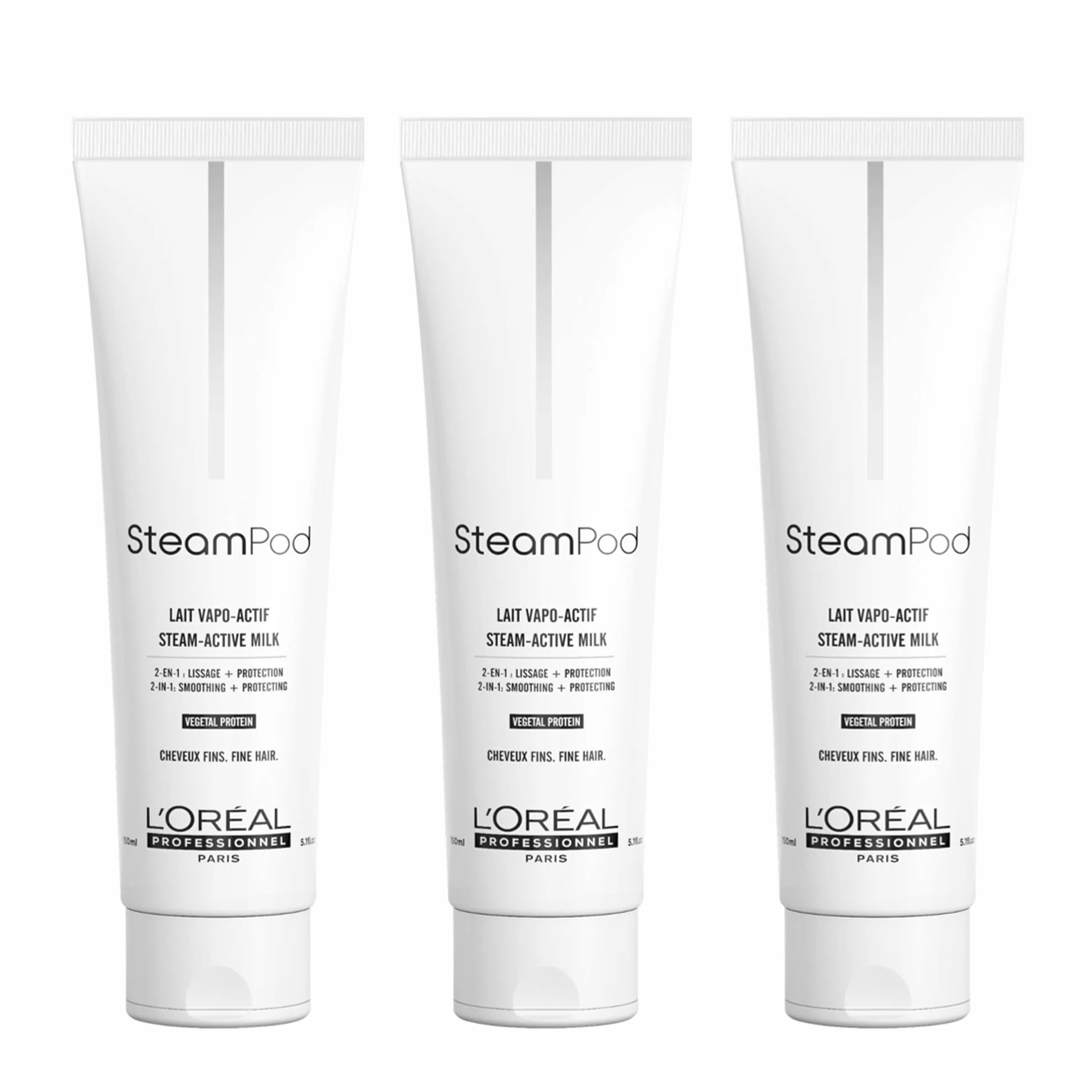 Steampod | Zestaw 3 aktywowanych mlek do prostowania włosów cienkich | wegańska formuła | Podwójne działanie : Wygładzanie i ochrona | 3 x 150 ml | L'Oréal Professionnel