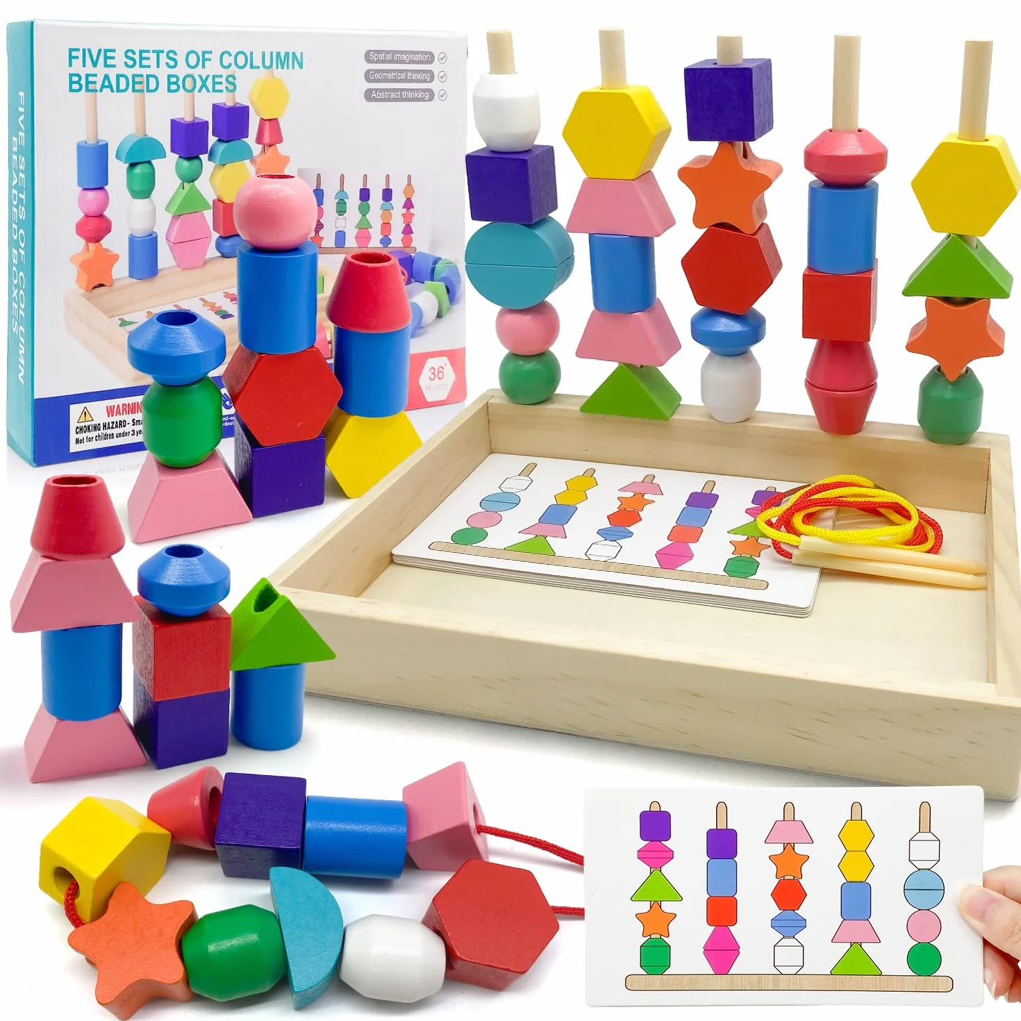 Yeefunjoy Montessori Drewniane zabawki dla dzieci w wieku 2, 3 i 4 lat, drewniane koraliki do nawlekania, klocki do układania, podróżna gra edukacyjna dla małych dzieci, prezent dla przedszkolaków