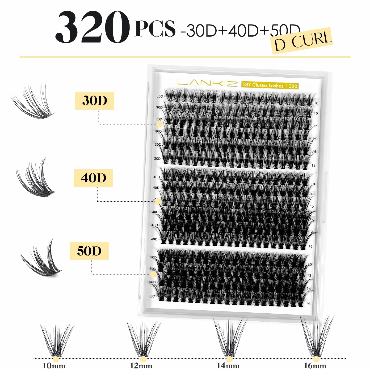 Zestaw przedłużania rzęs LANKIZ 320 szt. - Sztuczne rzęsy 30D + 40D + 50D Curl D 10-16 mm Mix, pojedyncze rzęsy z klejem i aplikatorem, profesjonalny zestaw wielokrotnego użytku dla początkujących