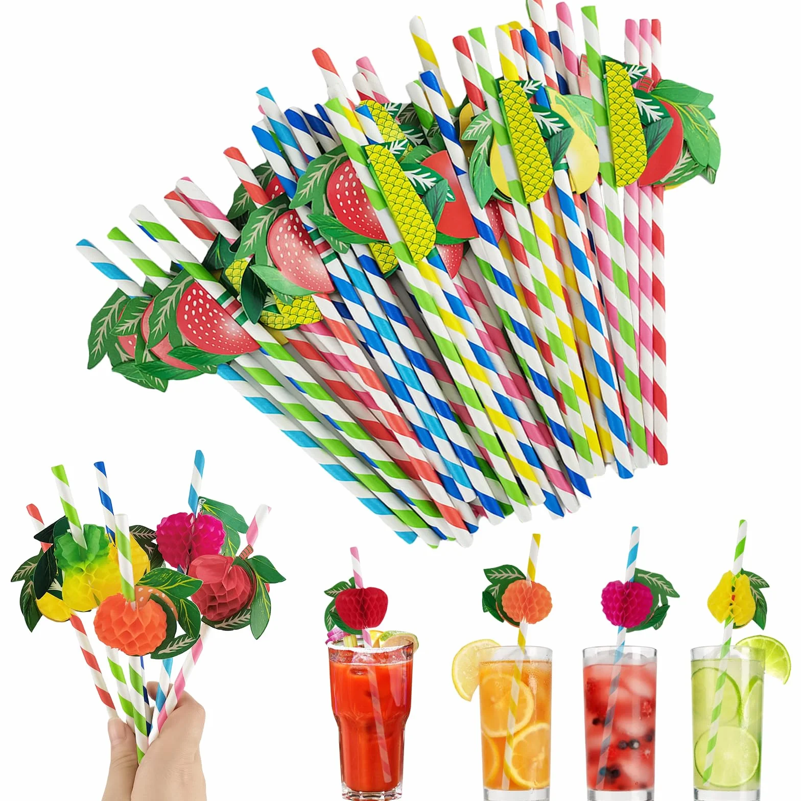 100 sztuk słomek papierowych 3D, słomki do koktajli, kolorowe papierowe słomki do picia, biodegradowalne słomki papierowe do zimnych napojów, soków (kolor losowy)