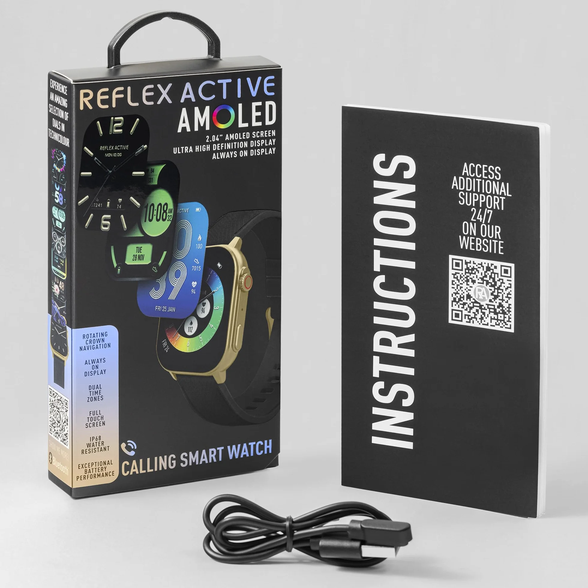 Reflex Active Inteligentny zegarek Amoled serii 29 z ekranem dotykowym 2,04'', pulsometrem, tlenem we krwi, wodoszczelnością IP68, śledzeniem aktywności, czarnym paskiem do iOS + Android