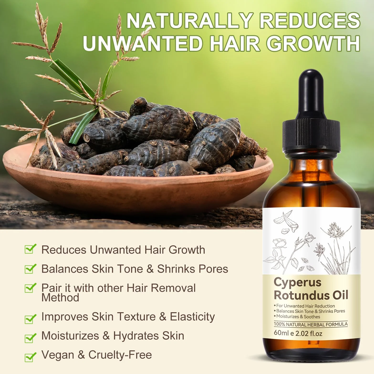 Cyperus Rotundus olejek do depilacji, 100% czysty, naturalny środek przeciwporostowy włosów na twarz i ciało, kojący po goleniu, zmniejsza pory i nawilża skórę (60 ml)