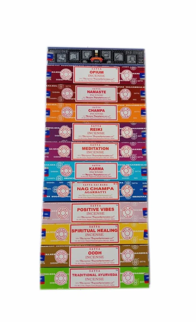 Satya Zestaw kadzidełek x 15 g zawiera: Nag, Super Hit, Oodh, Positive Vibes, Namaste, Champa, Opium, Reiki, Spiritual Healing, Karma, Tradycyjna ajurweda i Medytacja, Drewno, Multi, 12 opakowań