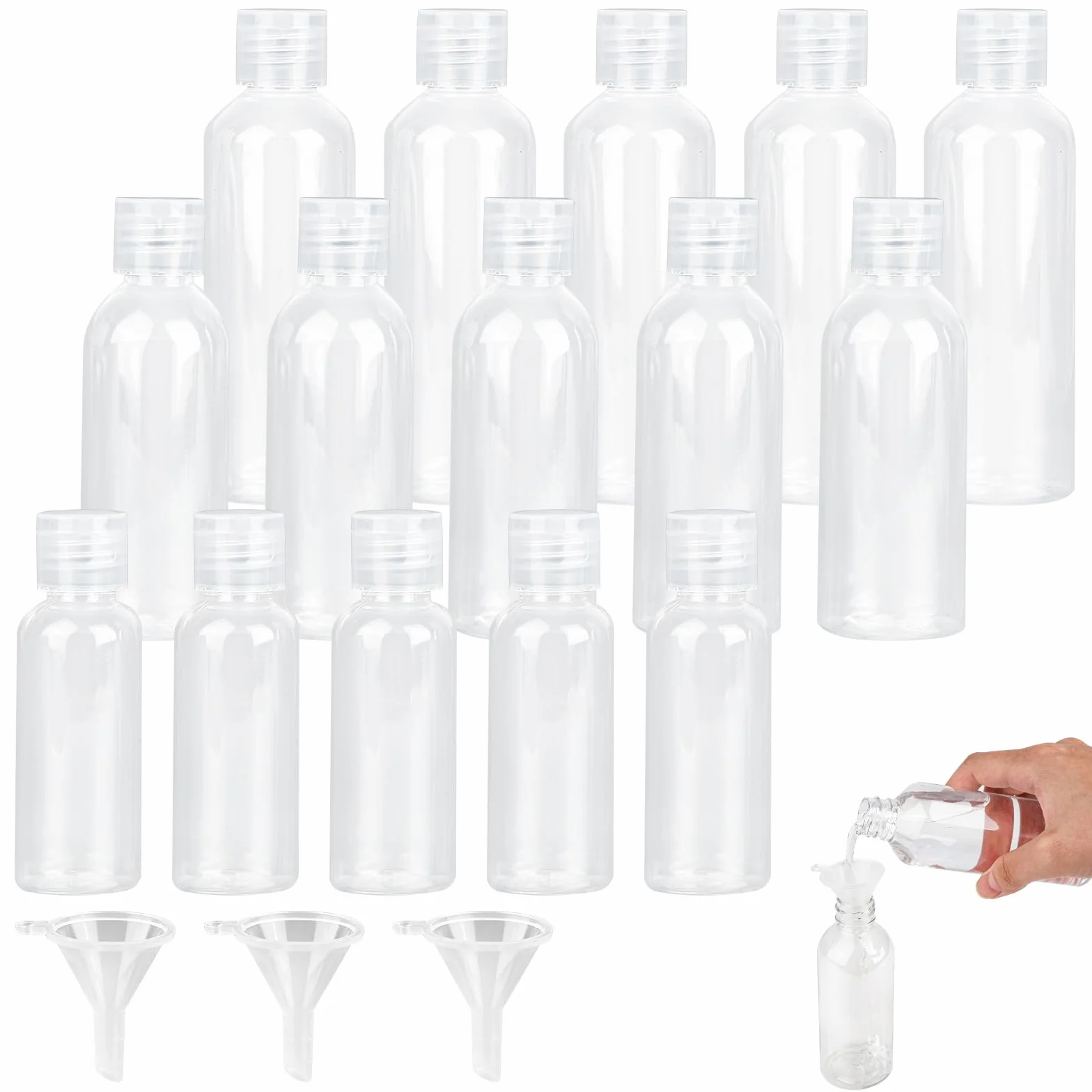 15 sztuk zestaw butelek podróżnych, pojemniki podróżne o pojemności 50 ml, 80 ml, 100 ml, pojemniki podróżne na płyny z 3 lejkami, małe plastikowe butelki do napełnienia na szampon, odżywkę, podróże