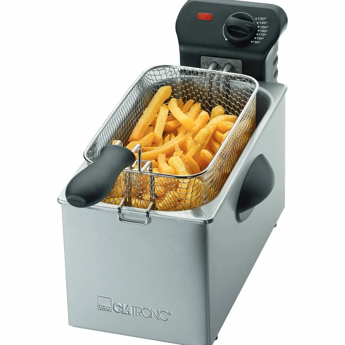 Clatronic Frytkownica ze stali nierdzewnej FR 3587, pojemność 3 l, 2000 W, bezstopniowo regulowany termostat, izolowane termicznie uchwyty do noszenia, łatwe czyszczenie, stal nierdzewna/czarna