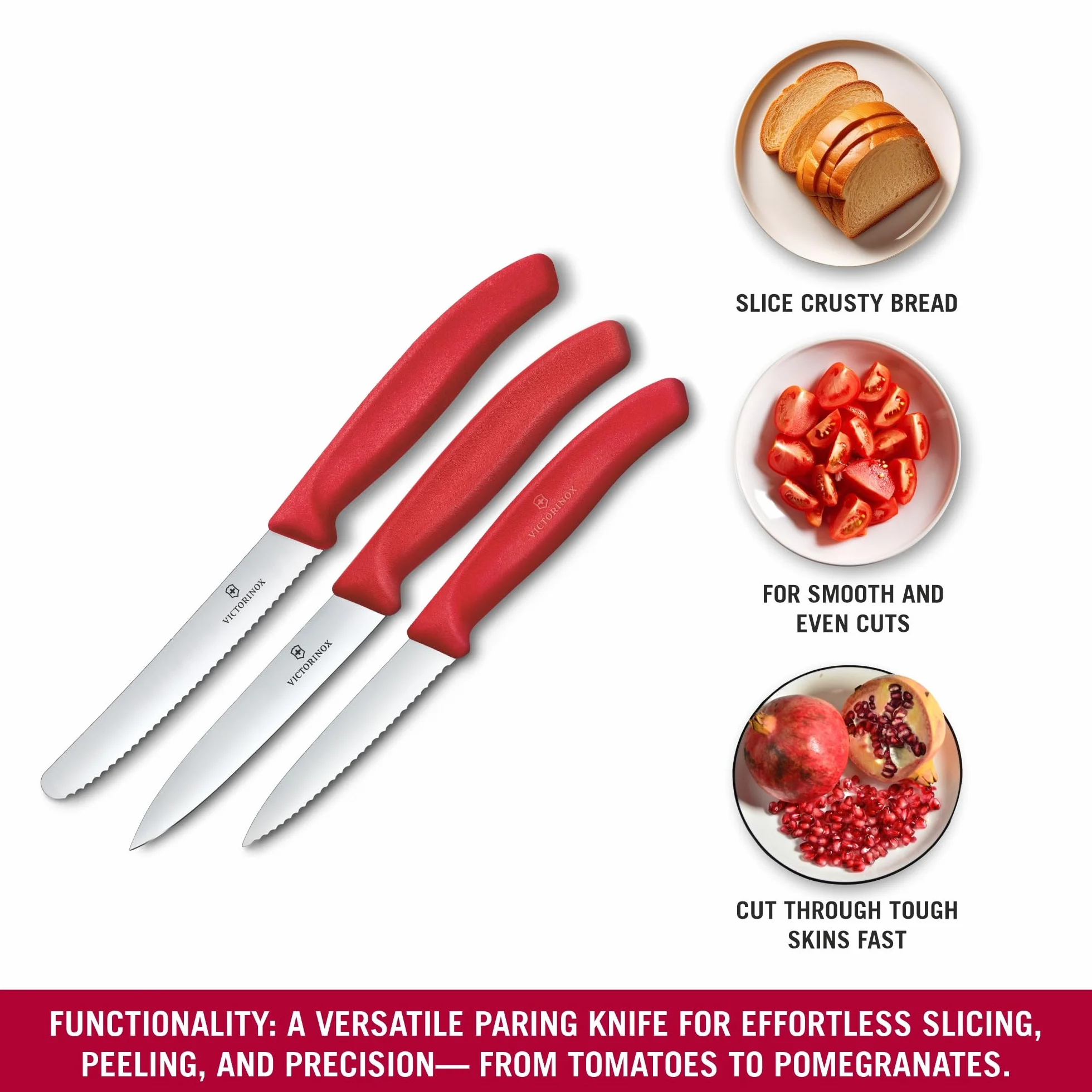 Victorinox Swiss Classic 3-częściowy zestaw noży kuchennych do obierania, nóż do pomidorów i nóż do musli, wytrzymały uchwyt z tworzywa sztucznego, stal nierdzewna, czerwony