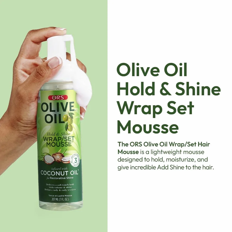 ORS Olive Oil Hold & Shine Wrap Set 207 ml - Pianka do włosów 207 ml - z kolagenem, pantenolem i oliwą z oliwek dla zdrowych, nawilżonych i lśniących włosów bez ich obciążania.