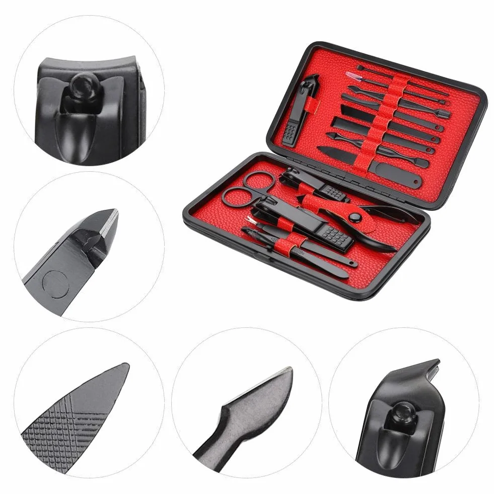 Manicure Pedicure Kit Professional Nail Clippers Set Stainless Steel 15Pcs Black PU Leather Case Red