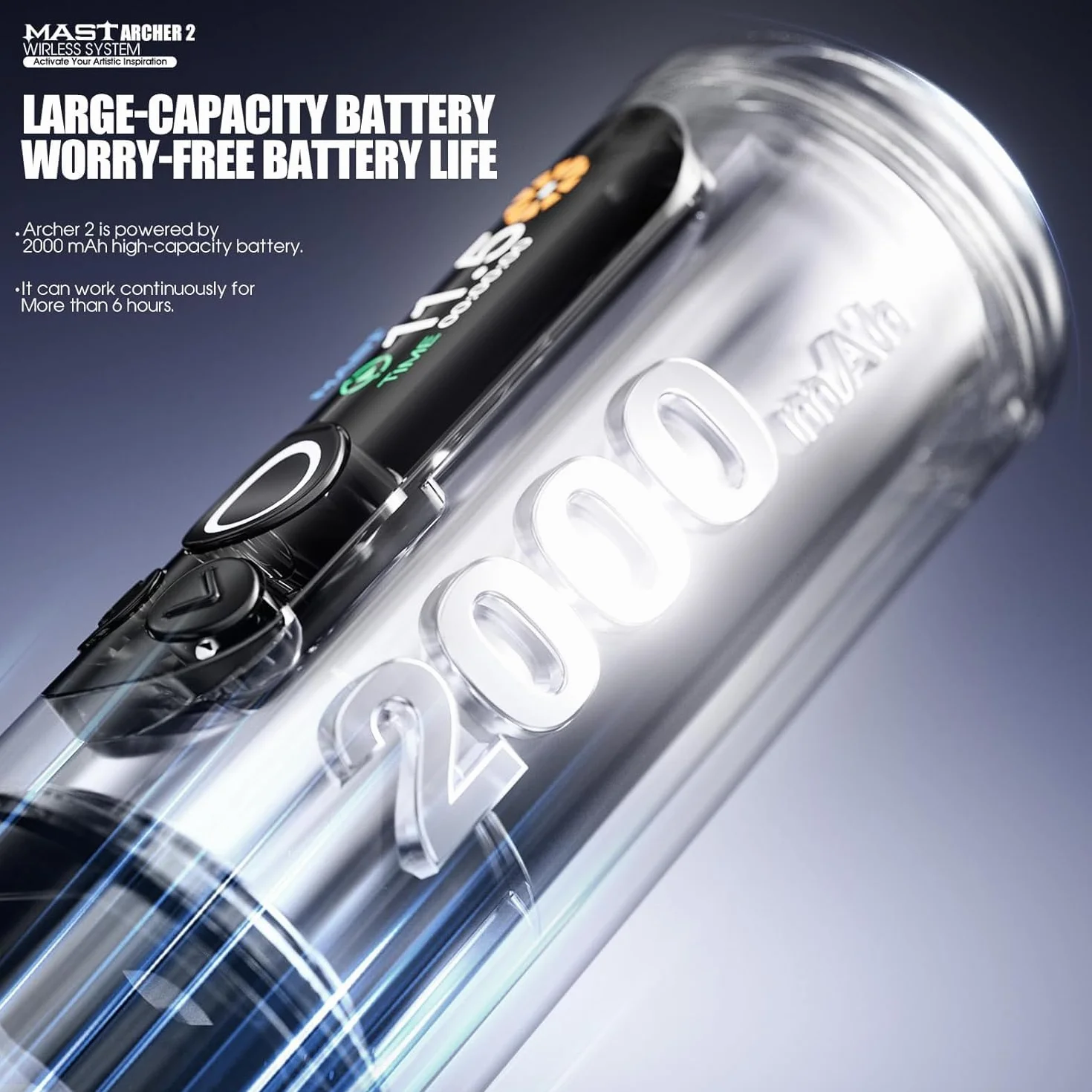 Mast Archer2 Wireless Tattoo Kit Rotary Pen Machine, Brushless Motor by Mcore, Smart Screen & 2000mAh Battery 3.5mm Stroke Length Wireless Foot Pedal