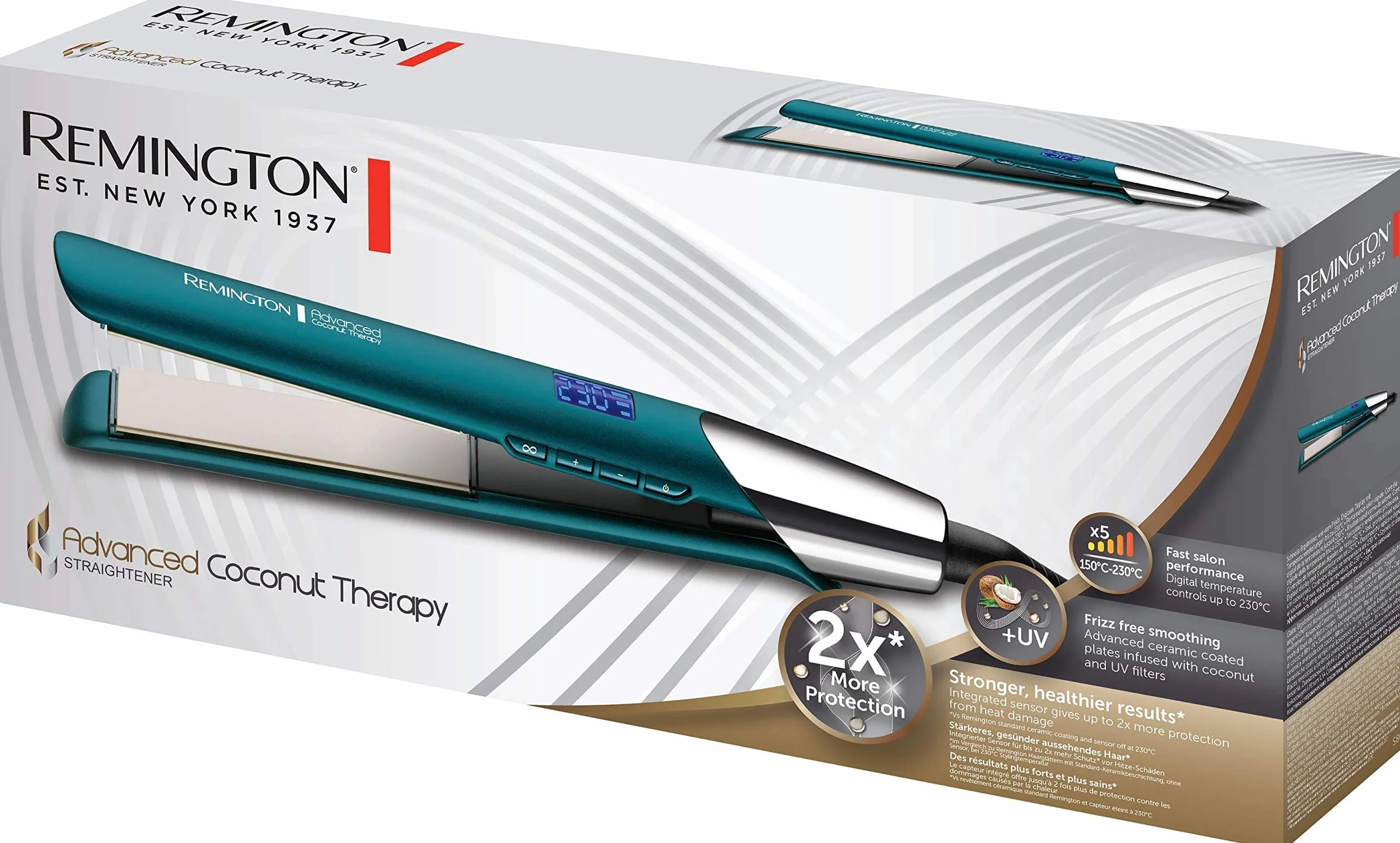 Remington Advanced Coconut Therapy prostownica (wysokiej jakości powłoka ceramiczna wzbogacona filtrem kokosowym i UV, zintegrowany czujnik) Wyświetlacz LCD, prostownica do włosów S8648 [Amazon Exclusive], zielony, 1 sztuka