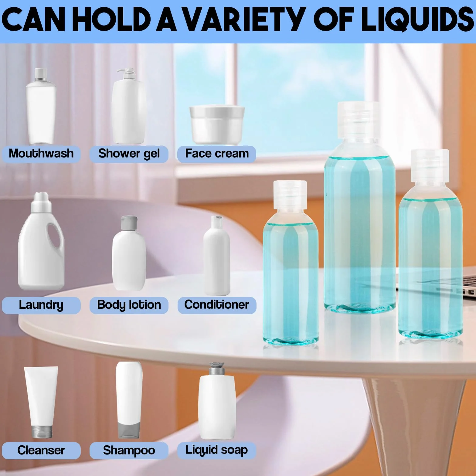 15 sztuk zestaw butelek podróżnych, pojemniki podróżne o pojemności 50 ml, 80 ml, 100 ml, pojemniki podróżne na płyny z 3 lejkami, małe plastikowe butelki do napełnienia na szampon, odżywkę, podróże