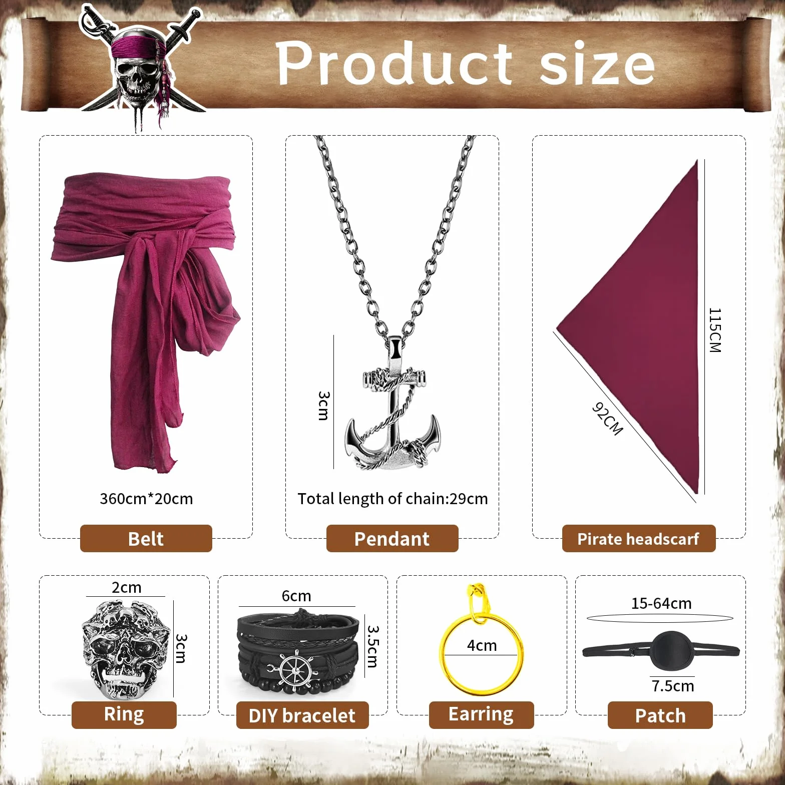 Akcesoria do kostiumu pirata, pirat bandana bandana opaska na talię piracki naszyjnik naszyjnik kolczyki pierścionek bransoletka, akcesoria pirackie na Halloween karnawał cosplay