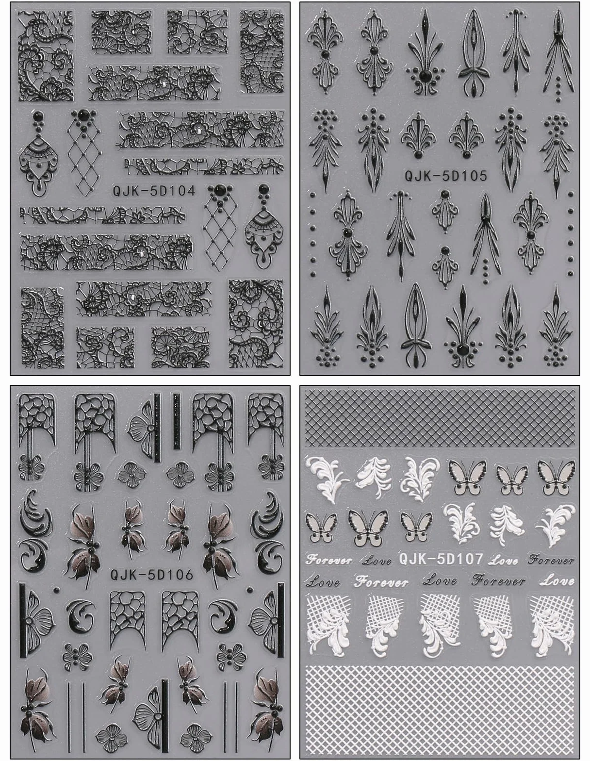 JMEOWIO 3D Czarny Biały Kwiat Nail Art Naklejka 4 Arkusze Naklejki na paznokcie Samoprzylepne dekoracje do paznokci