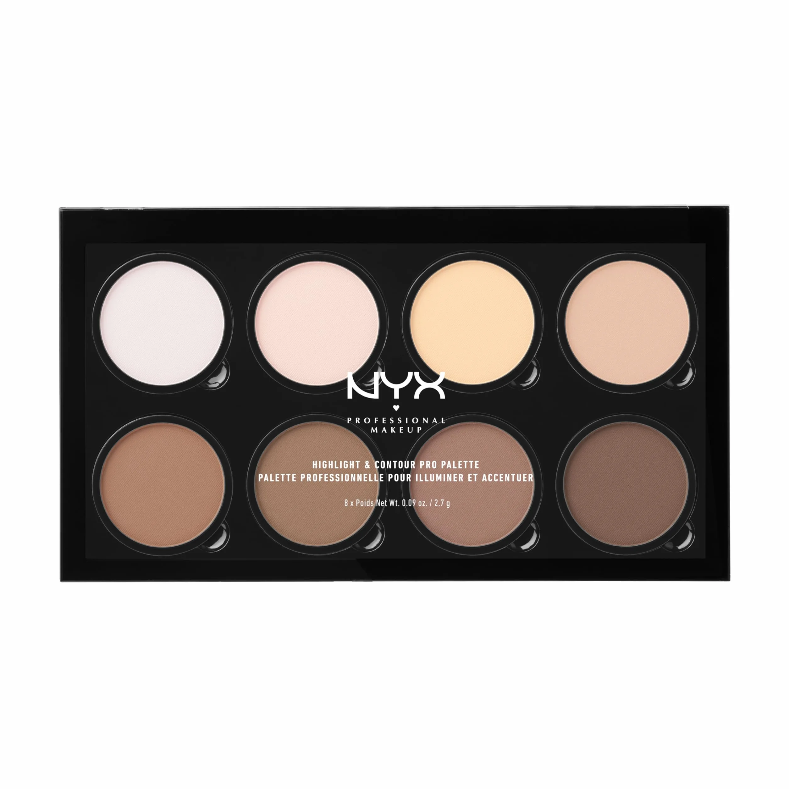 NYX Professional Makeup Highlight & Contour Pro Palette paleta do konturowania i rozświetlania twarzy, 4 prasowane rozświetlacze i 4 pudry brązujące, wymienne wkłady, 21,6 g