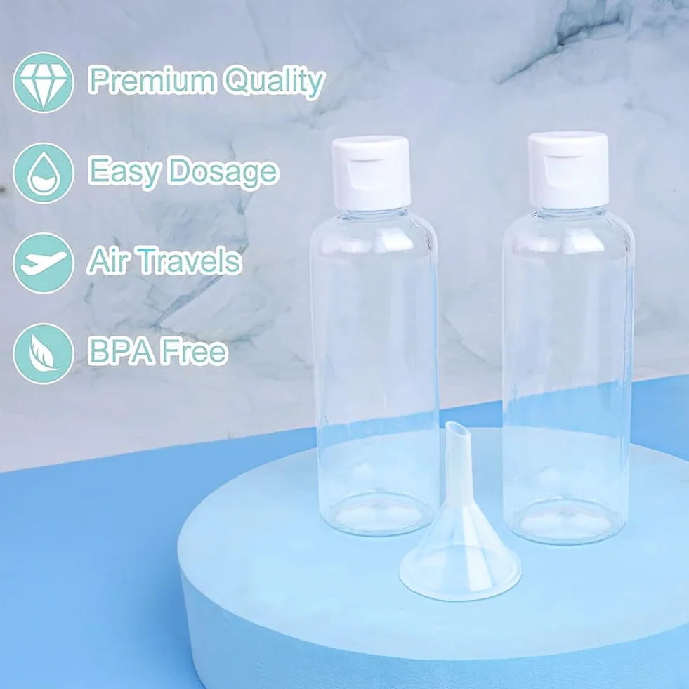 flintronic Zestaw pustych butelka podróżnych, 100 ml, do napełniania małym lejkiem, kosmetykami z lejkiem, na podróż samolotem, szampon, balsam