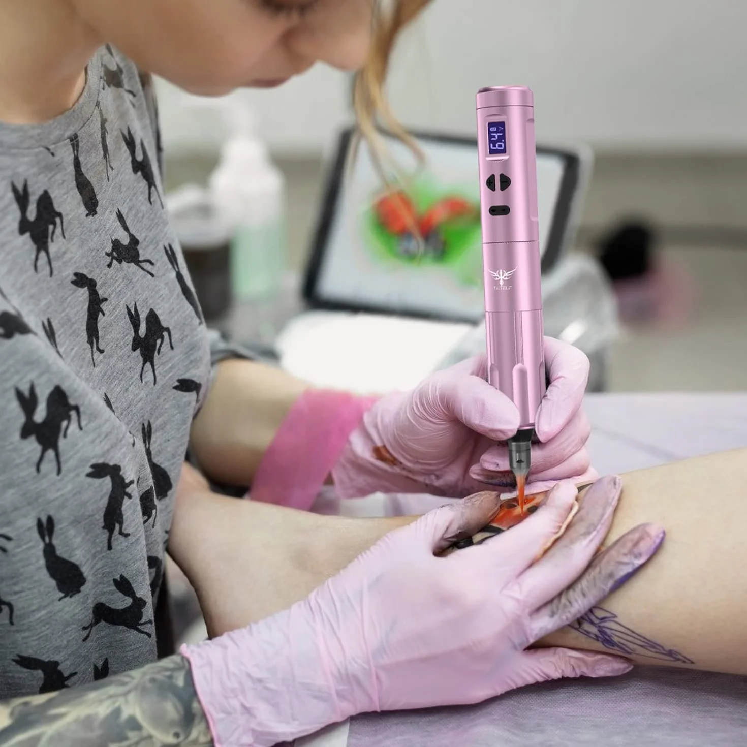 TATELF Bezprzewodowy profesjonalny zestaw do tatuażu i makijażu permanentnego z 2 bateriami, 10 szt. igieł