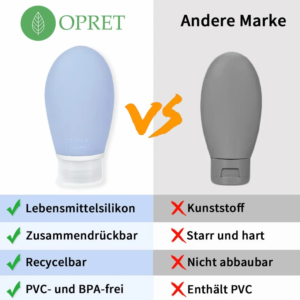 Opret Zestaw 4 silikonowych butelek podróżnych, 60 ml, szczelne, do wielokrotnego napełniania, przenośne pojemniki do szamponu, kremów, odżywki, nie zawierają BPA i posiadają certyfikat TSA