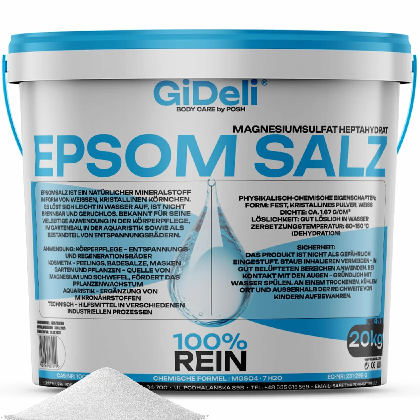 GiDeli Epsom sól 20 kg, siarczan magnezu, jakość farmaceutyczna, sól do kąpieli w wiaderku – 100% czysta naturalna sól do kąpieli stóp, pielęgnacja skóry, relaksująca kąpiel (20000 g)