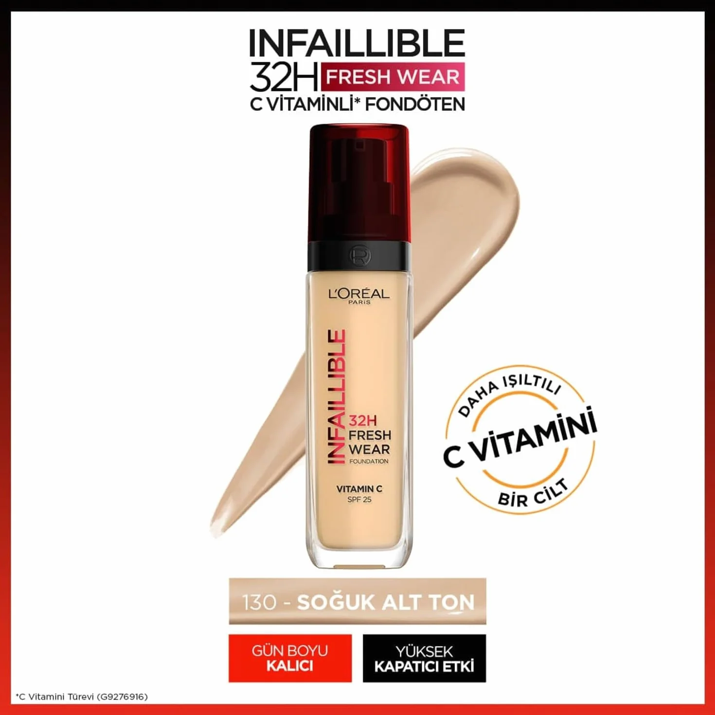 L'Oréal Paris Infaillible 24 h Fresh Wear Długotrwały kryjący podkład odporny na ścieranie, lekka formuła, SPF 25, 130 True Beige, 30 ml
