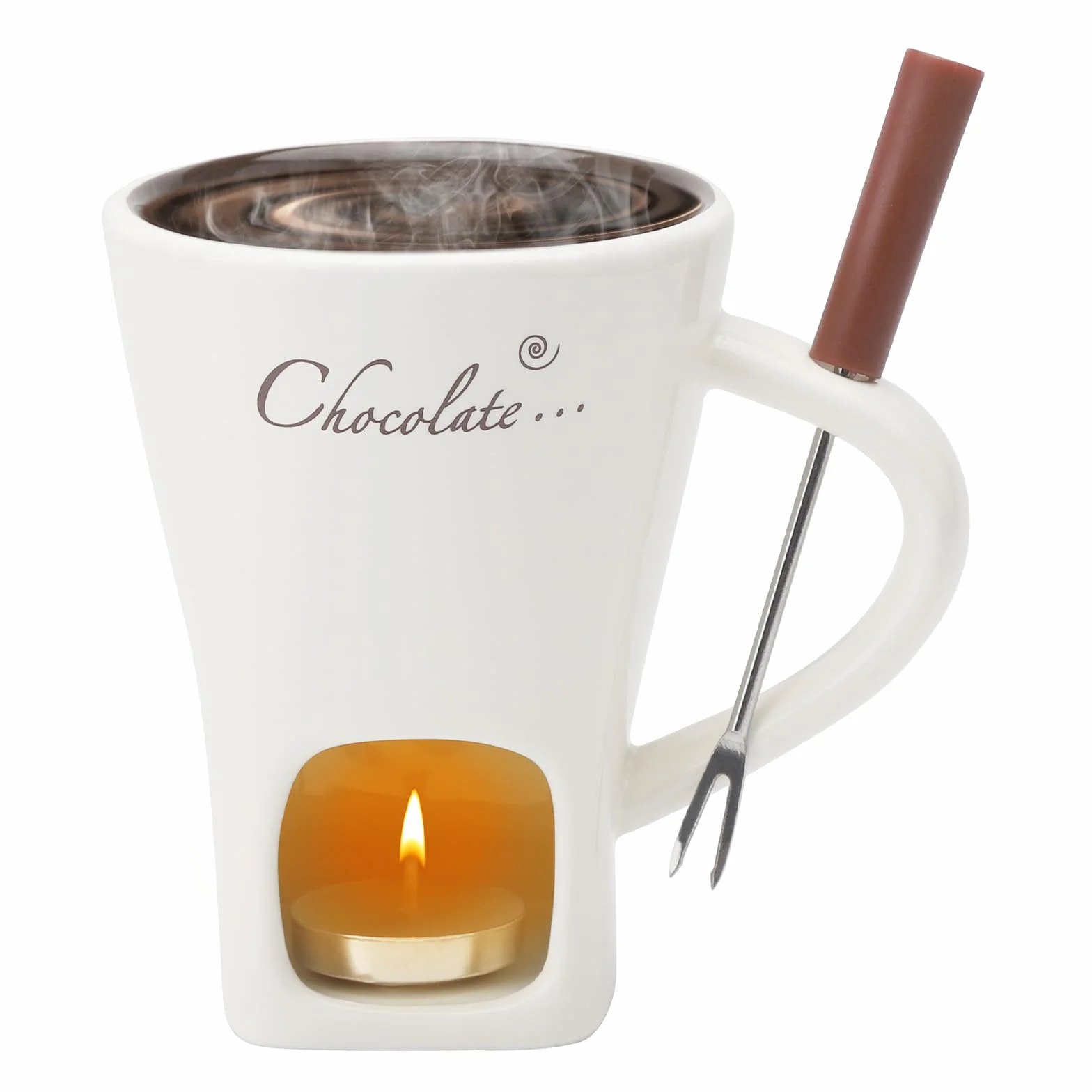 Filiżanka do fondue czekoladowego z widelcami, 200 ml, ceramiczny zestaw do czekoladowego fondue, kubek do topienia czekolady, zestaw do fondue z widelcem i podgrzewaczem, do sera, czekolady, masła