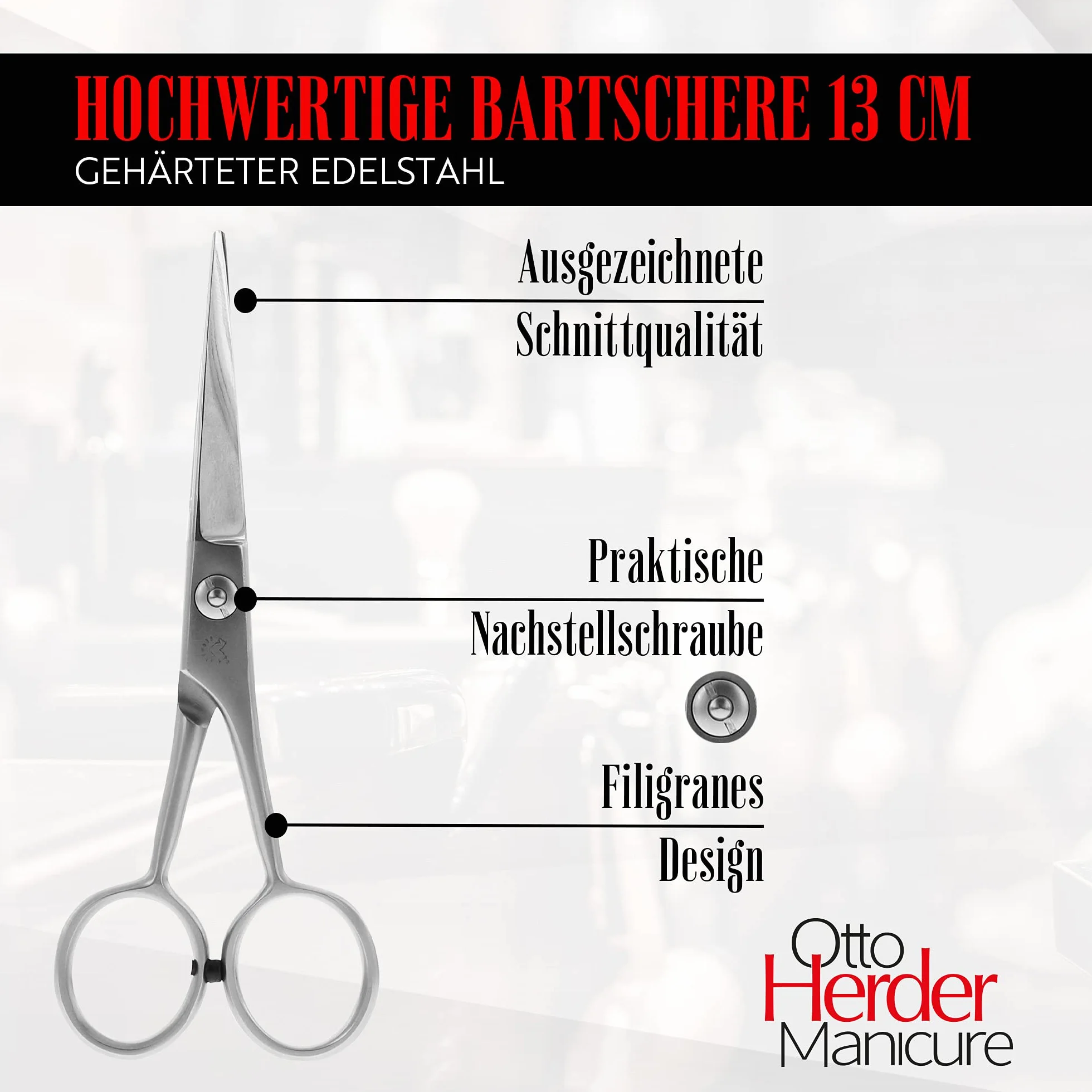 OTTO HERDER nożyce do brody dla mężczyzn 13 cm w skórzanym etui z matowej stali nierdzewnej z jednostronnym mikrouzębieniem i samoczynnie odkręcanym kluczem/nożyczki do brody do cięcia brody