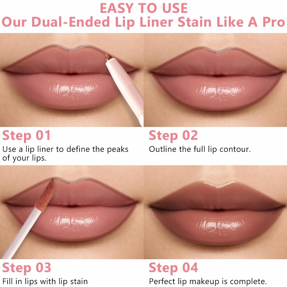 Lip Liner Stain, konturówka do ust 2 w 1 i błyszczyk do ust z dwoma końcówkami, wodoodporna plama do ust Peel Off Finish o wysokiej pigmentacji i gładkości, konturowanie, do wszystkich rodzajów