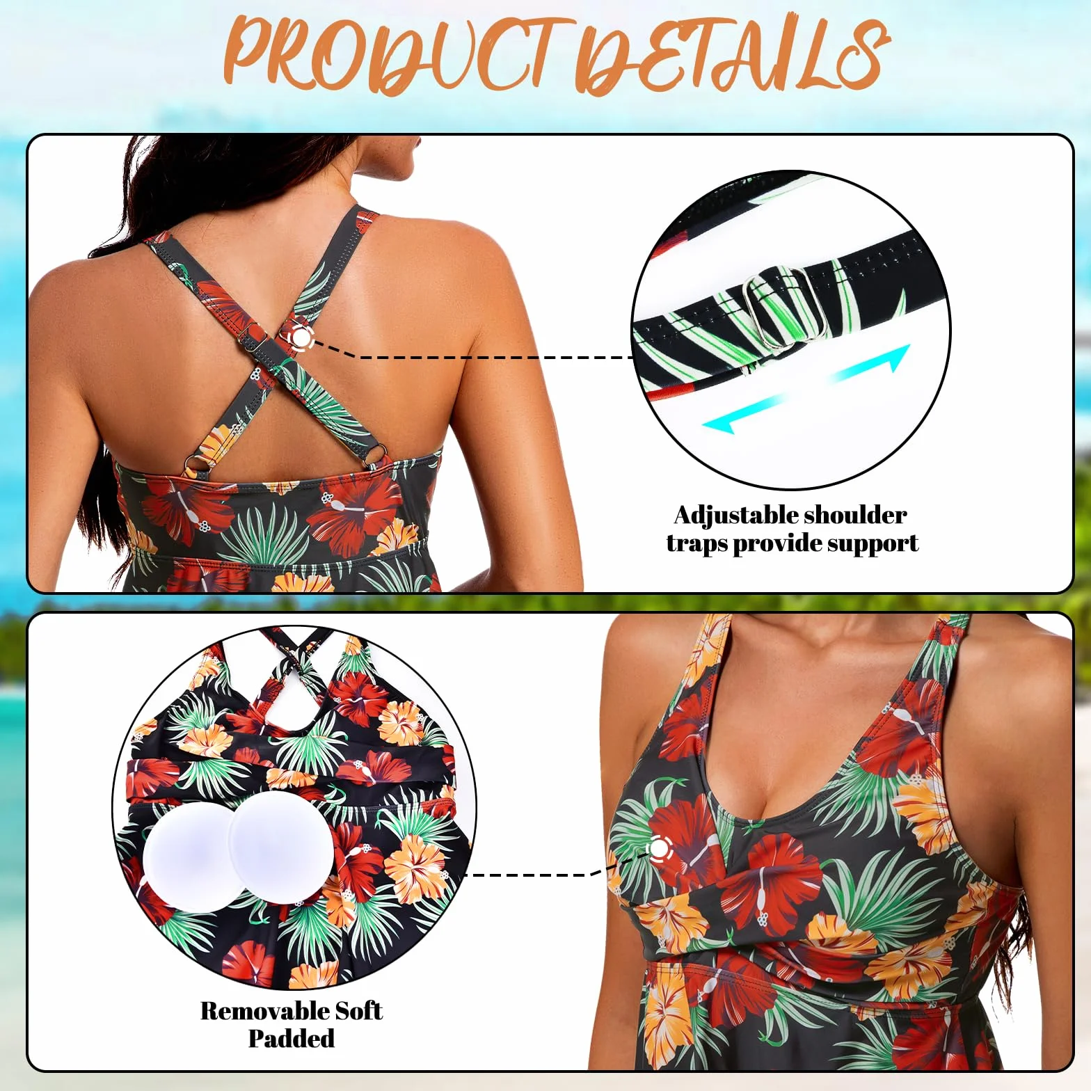 JONRRYIN Damski strój kąpielowy Tankini, 2 sztuki, seksowny strój kąpielowy Push Up Tankini z szortami