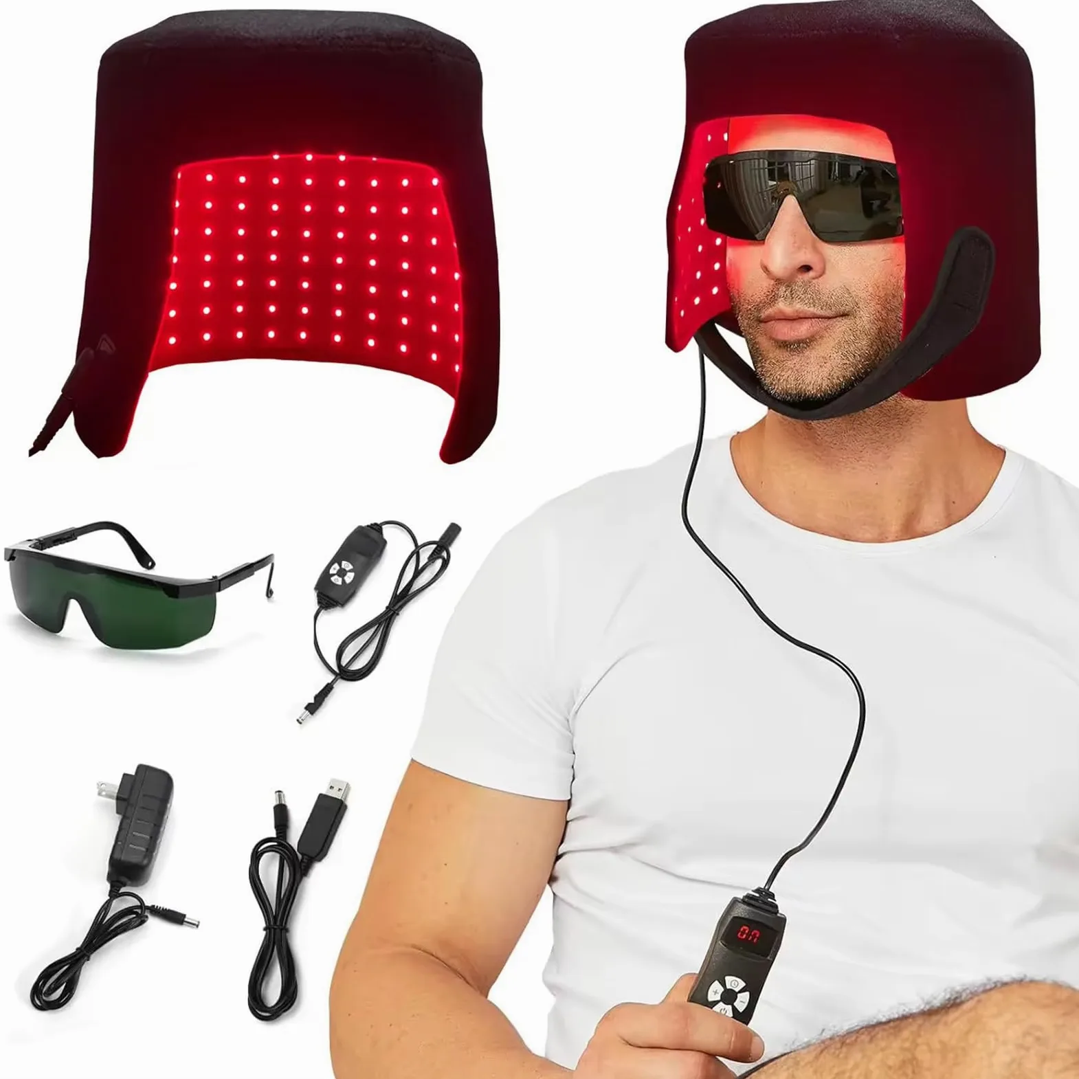 GOURIXIN Czerwony czapka do włosów z terapią światłem, czapka do wzrostu włosów laserowych z 216 diodami LED 660nm 850nm, 5 ustawień przyciemniania, 6 ustawień czasu, dla mężczyzn i kobiet