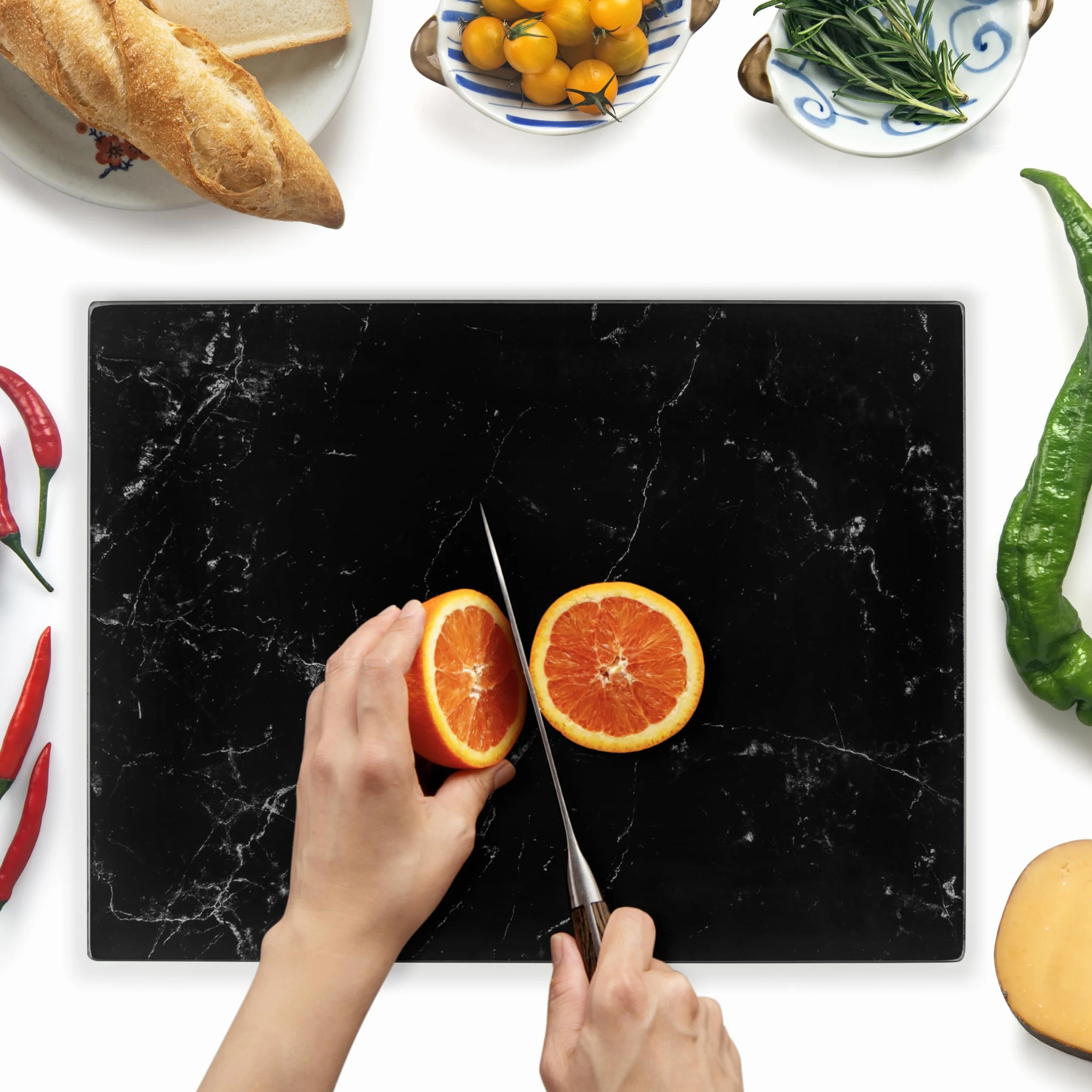 Kitchenville Szklana Deska do Krojenia 40×30 cm – Trwała i Higieniczna, z Hartowanego Szkła – Odporna na Ciepło, Ochrona Blatu Kuchennego – Marmur Czarny