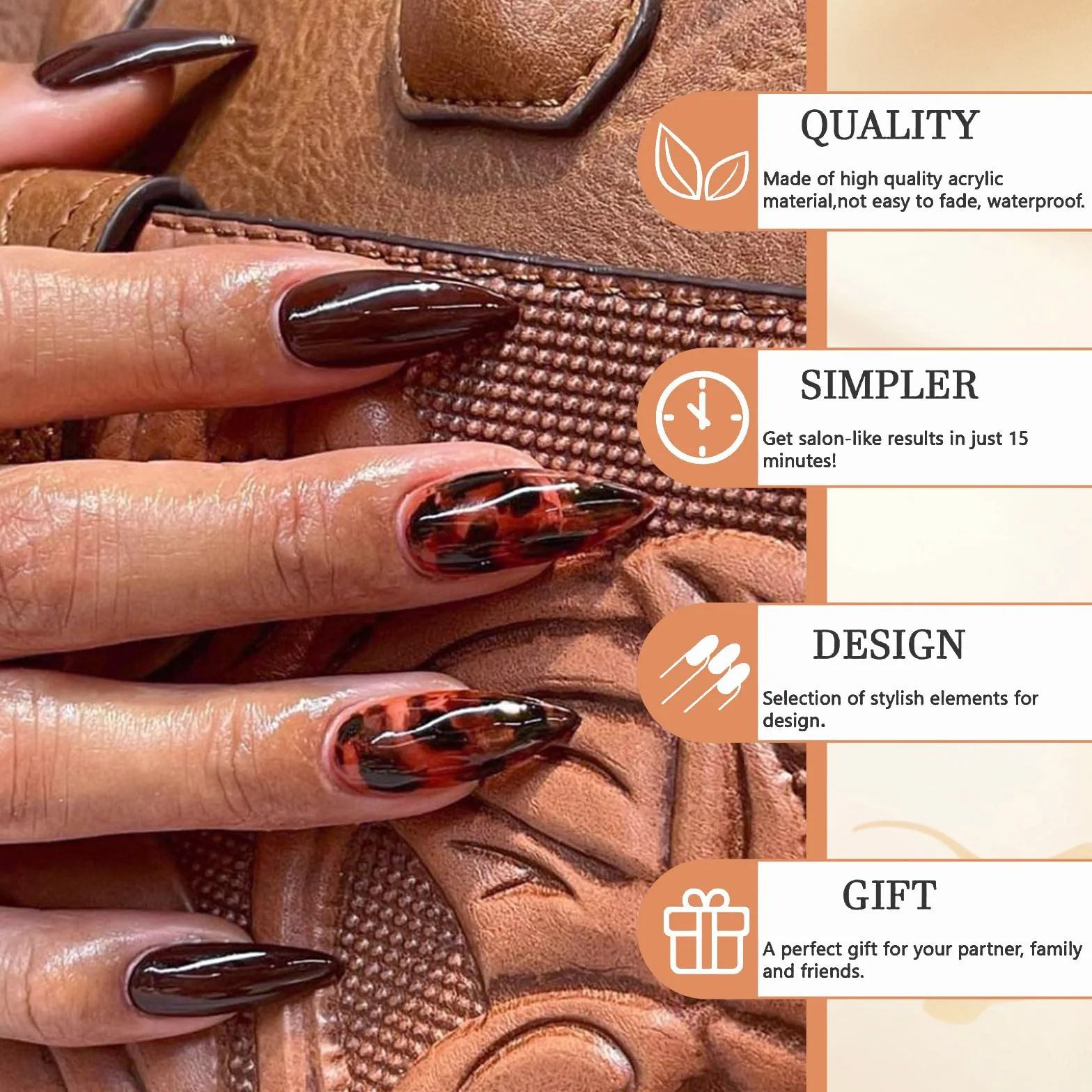 GlamRays 24 sztuki Brown Press on Nails Leo średni mandaryński sztuczne paznokcie nadruk lampart paznokcie jesień klejone paznokcie akrylowe Stiletto sztuczne paznokcie