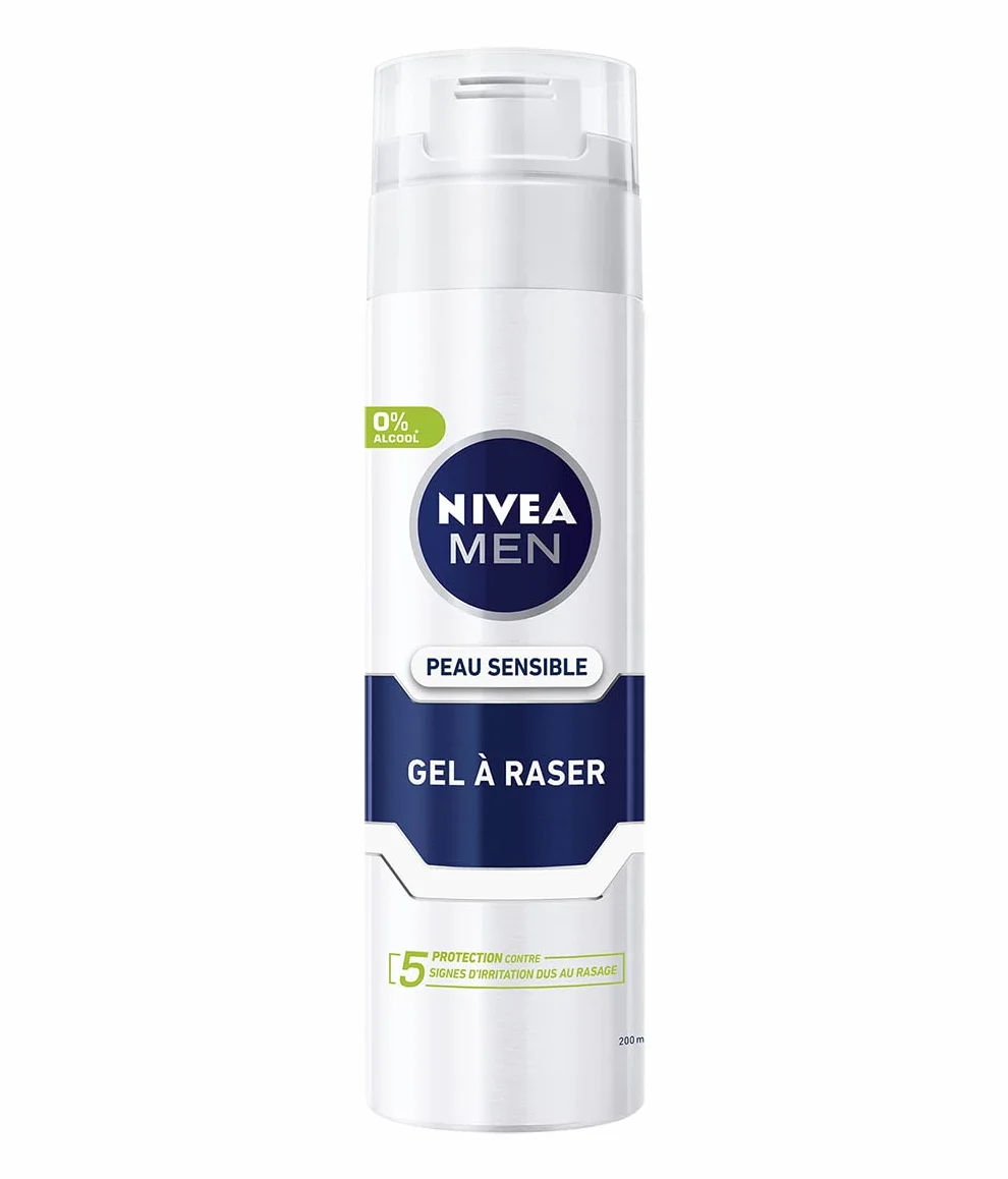 NIVEA MEN Żel do golenia skóry wrażliwej (1 x 200 ml), krem do golenia wzbogacony rumiankiem i oczarem wirginijskim, pielęgnacja golenia 0% alkoholu dla mężczyzn o wrażliwej skórze