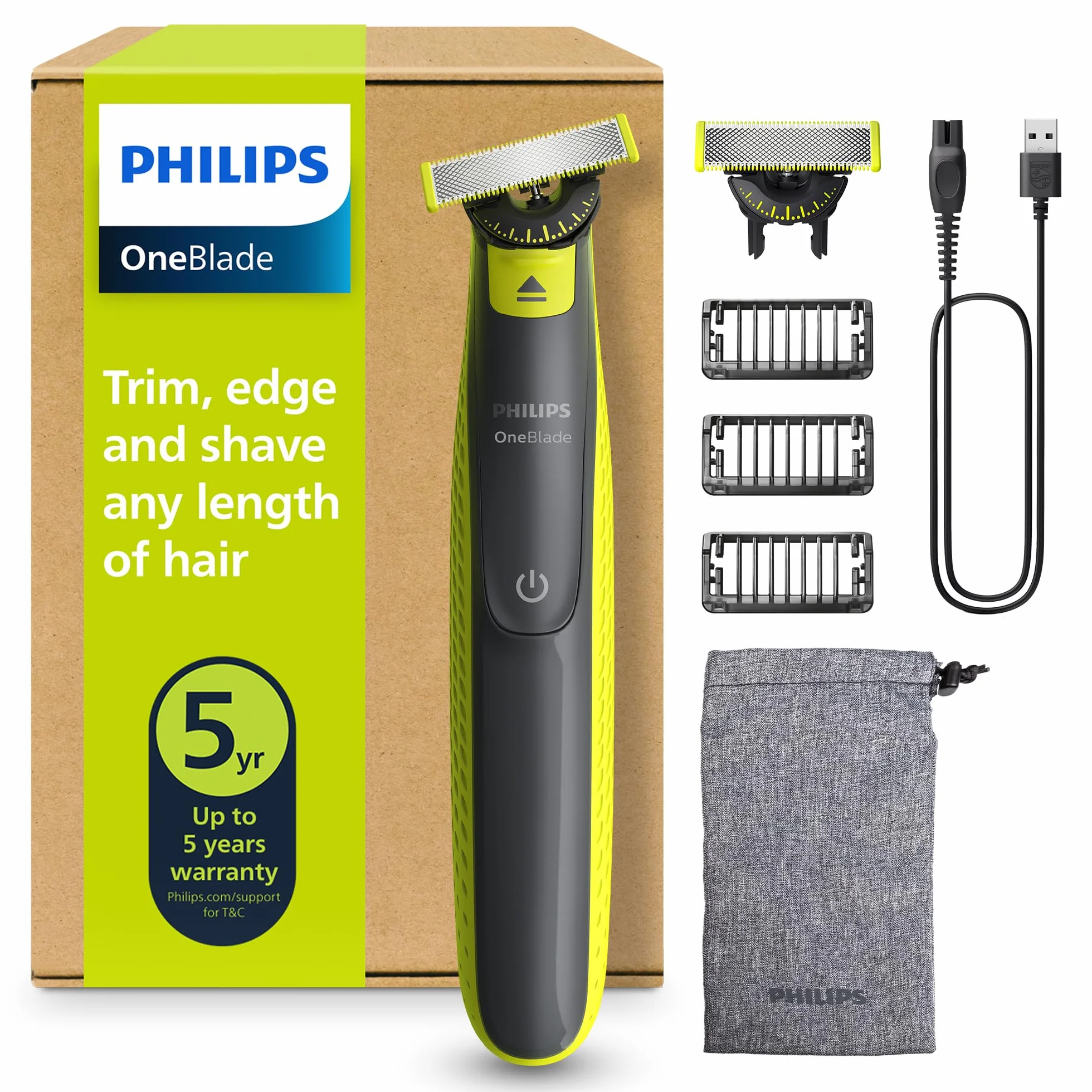 Philips OneBlade 360 Autentyczny Elektryczny trymer i golarka do zarostu, 2x 360 ostrzy, 3x grzebień 1-5 mm, QP2724/31