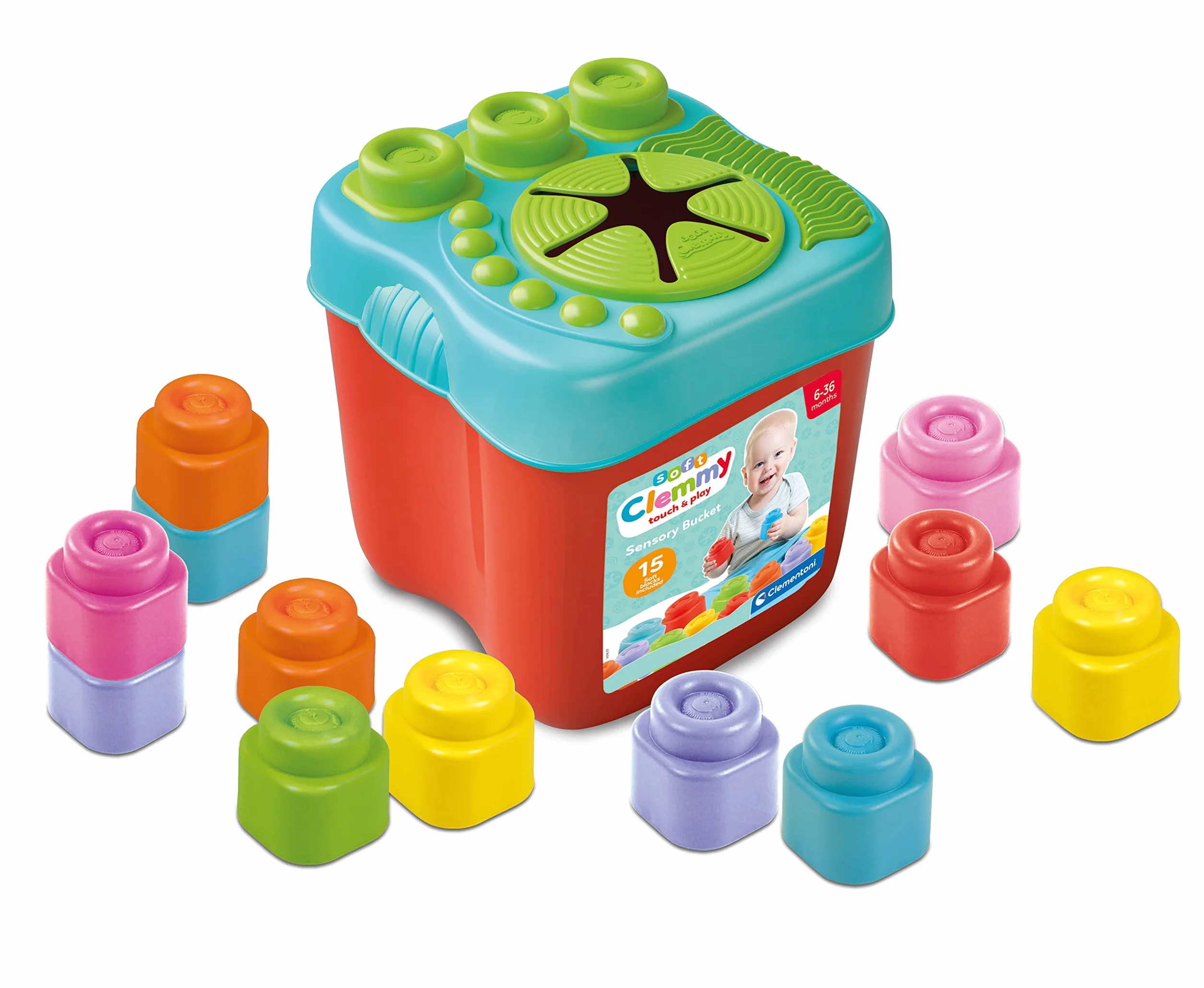 Clementoni - 17807 - Soft Clemmy - Sensory Bucket - Zabawka Konstrukcyjna Dla Dzieci Od 6 Miesięcy, Miękkie Klocki