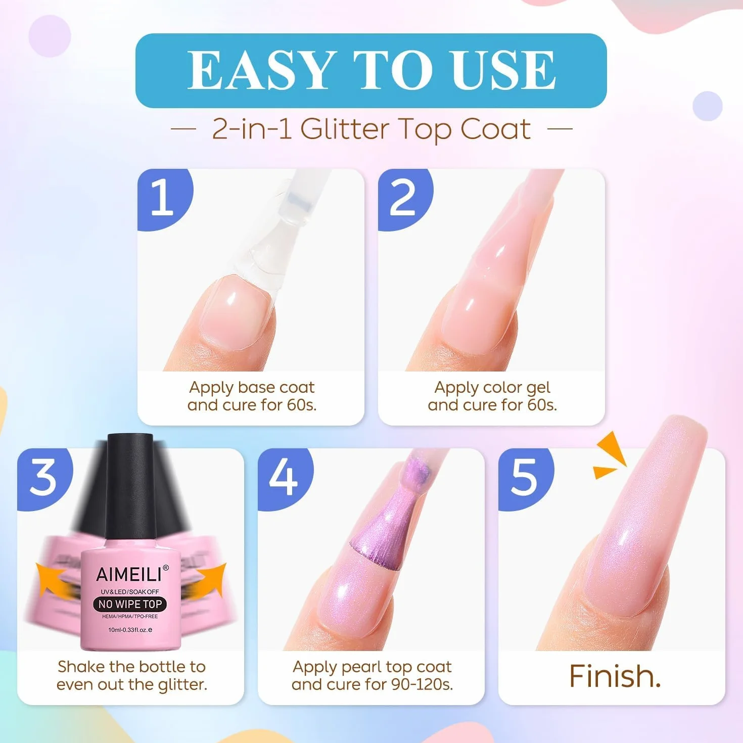 AIMEILI Pearl Glitter Top Coat Gel UV Gel lakier do paznokci, 10 ml No Wipe Top Coat do paznokci żelowych, poly żel, paznokcie akrylowe, szybki brokat, sztuka paznokci-001