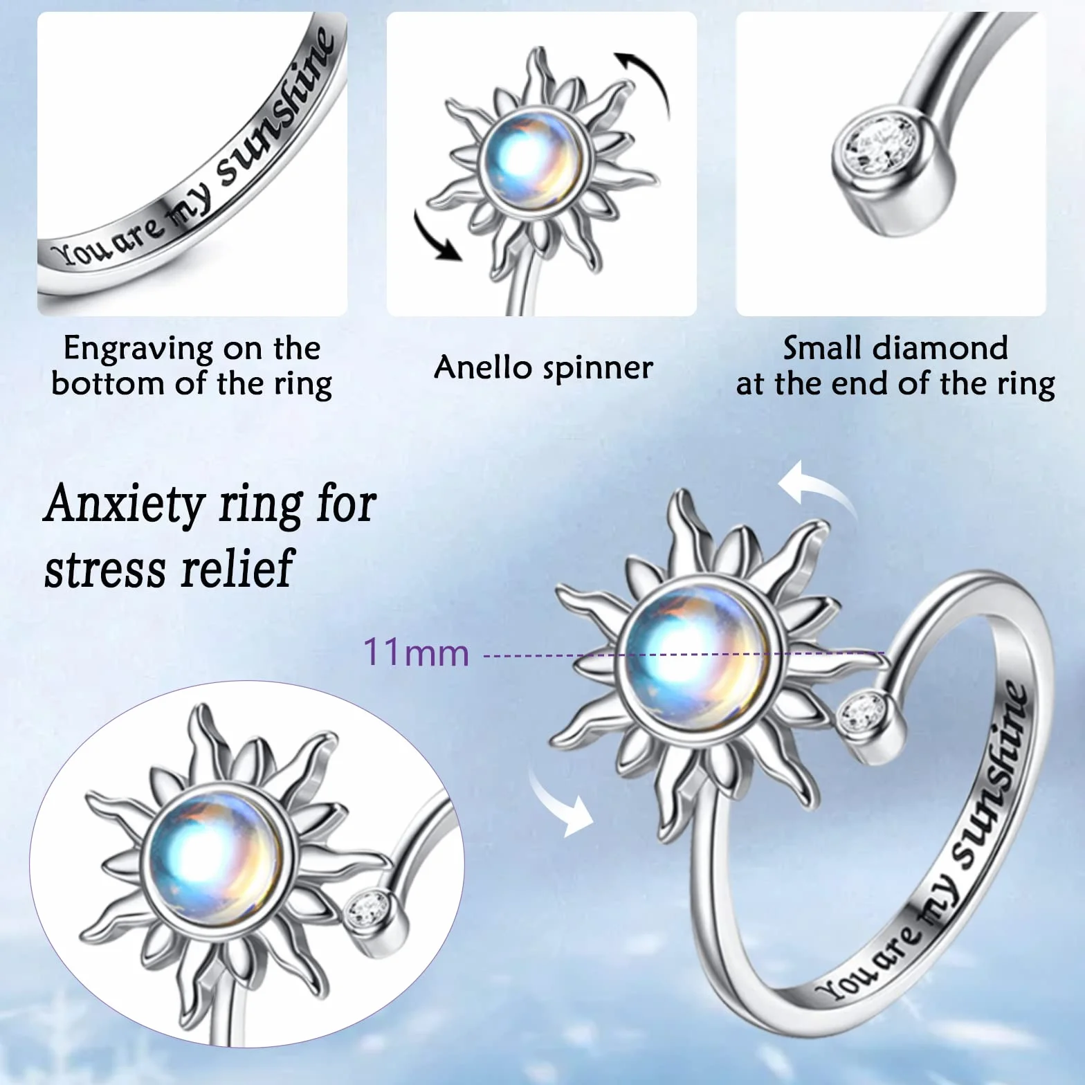 Fidget Ring dla kobiet i dziewcząt, otwarty, regulowany pierścień zwalczający stres, słonecznik, stokrotka, motyl, gwiazda, księżyc, pierścienie spinningowe