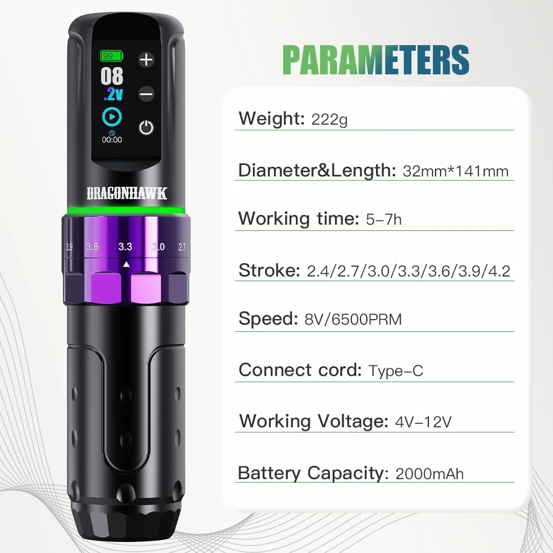 Dragonhawk L3 Wireless Tattoo Machine Pen Rotary Tattoo Gun 2000mAh 2.8mm-4.2mm Stroke 2 Batteries Purple