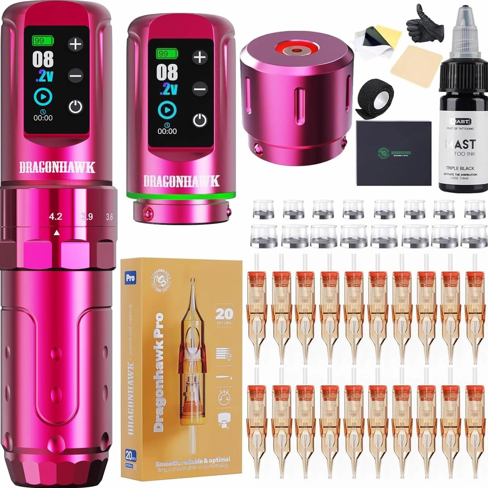 Dragonhawk L3 Tattoo Kit Cordless Cord Complete Tattoo Gun Pen Machine 7 Strokes Length 2 Batteries 2000mAh Power Supply with Rca Jack Pro Tattoo Needles for Beginner Pink