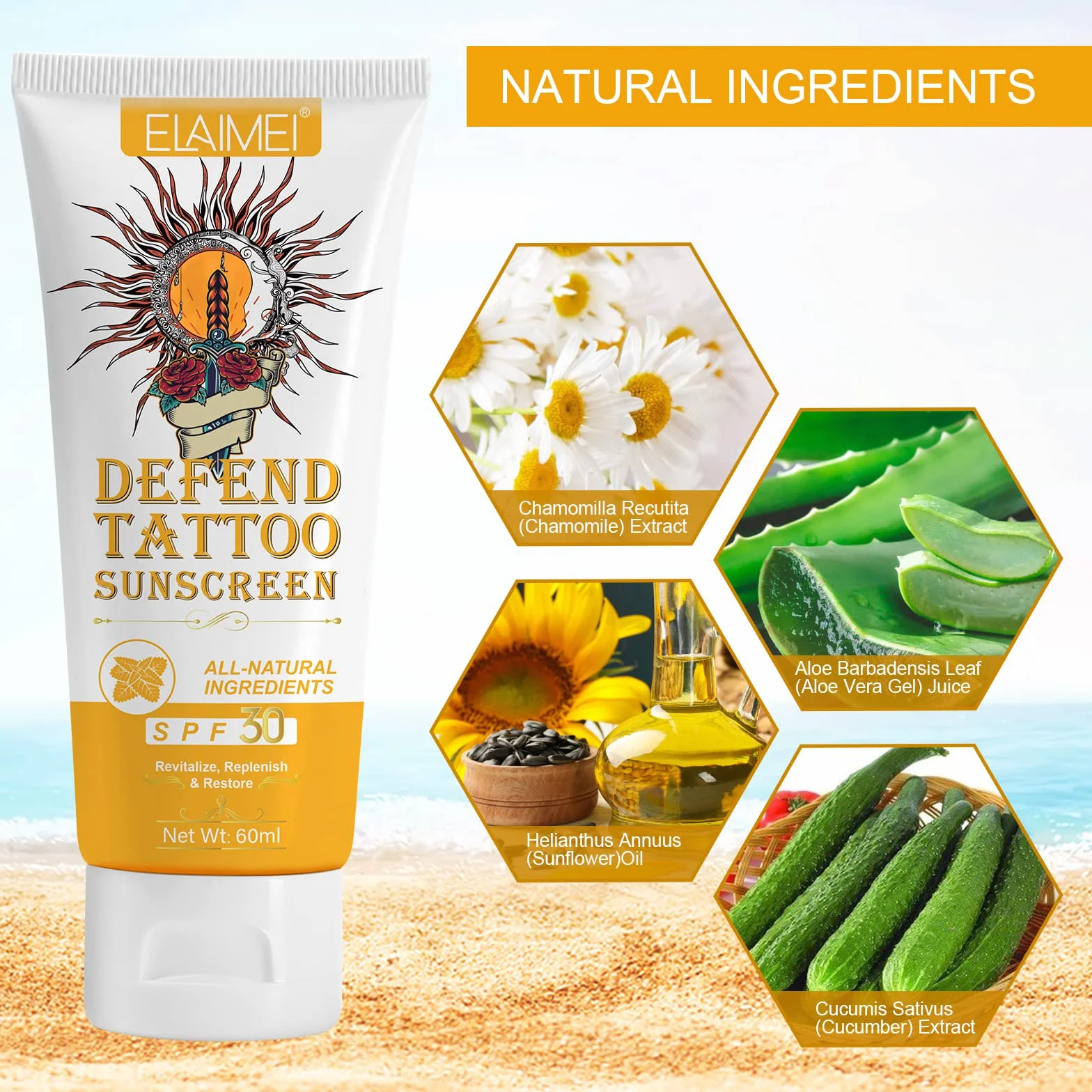 VRAIKO ELAMEI Tattoo Sunscreen SPF 30+, 70% Natural Ingredients Tattoo Fade Protection Moisturizer with Aloe, argan, Rose Hips Oil, Masło Cocoa, Non-Greasy Formula, 2oz
