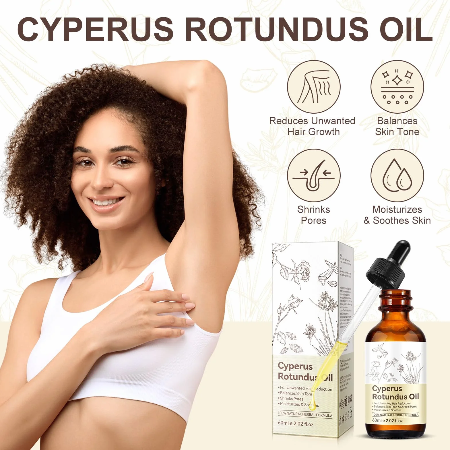Cyperus Rotundus olejek do depilacji, 100% czysty, naturalny środek przeciwporostowy włosów na twarz i ciało, kojący po goleniu, zmniejsza pory i nawilża skórę (60 ml)