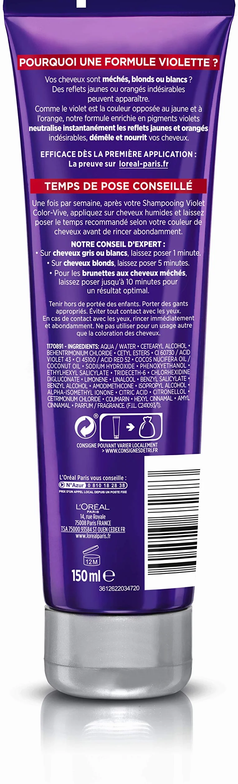 L'Oréal Paris - Fioletowa maska do usuwania żółknięć - do włosów rozjaśniających, blond lub białych - Neutralizacja żółtych i pomarańczowych refleksów - Elseve Color-Vive - 150 ml