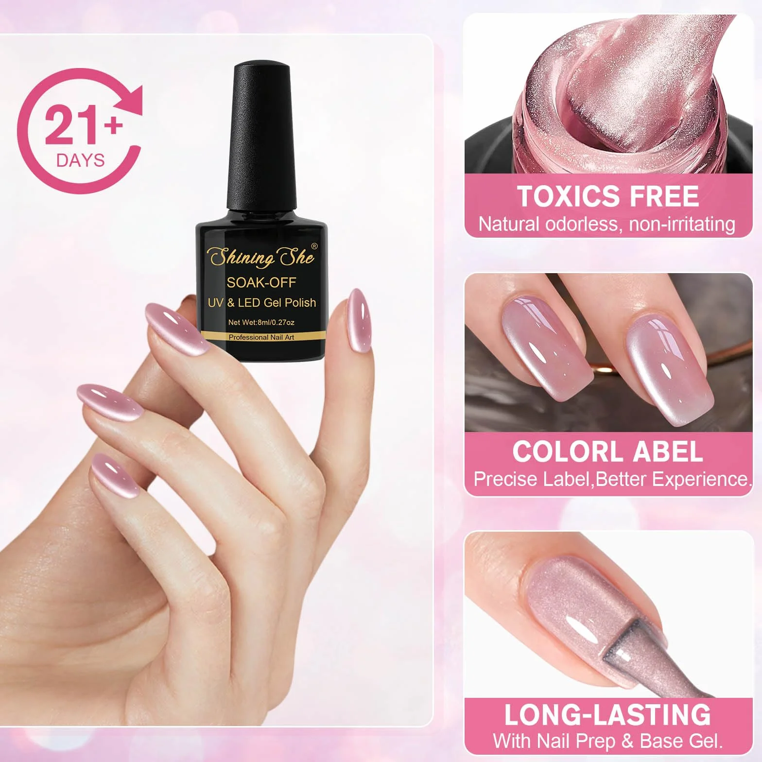 Shining She Półtrwały lakier magnetyczny, 4 odcienie bladego różu, holograficzny brokat kocie oko, z magnetycznym sztyftem, lakier UV/LED, lakier do paznokci, do salonu, domu DIY, 8 ml
