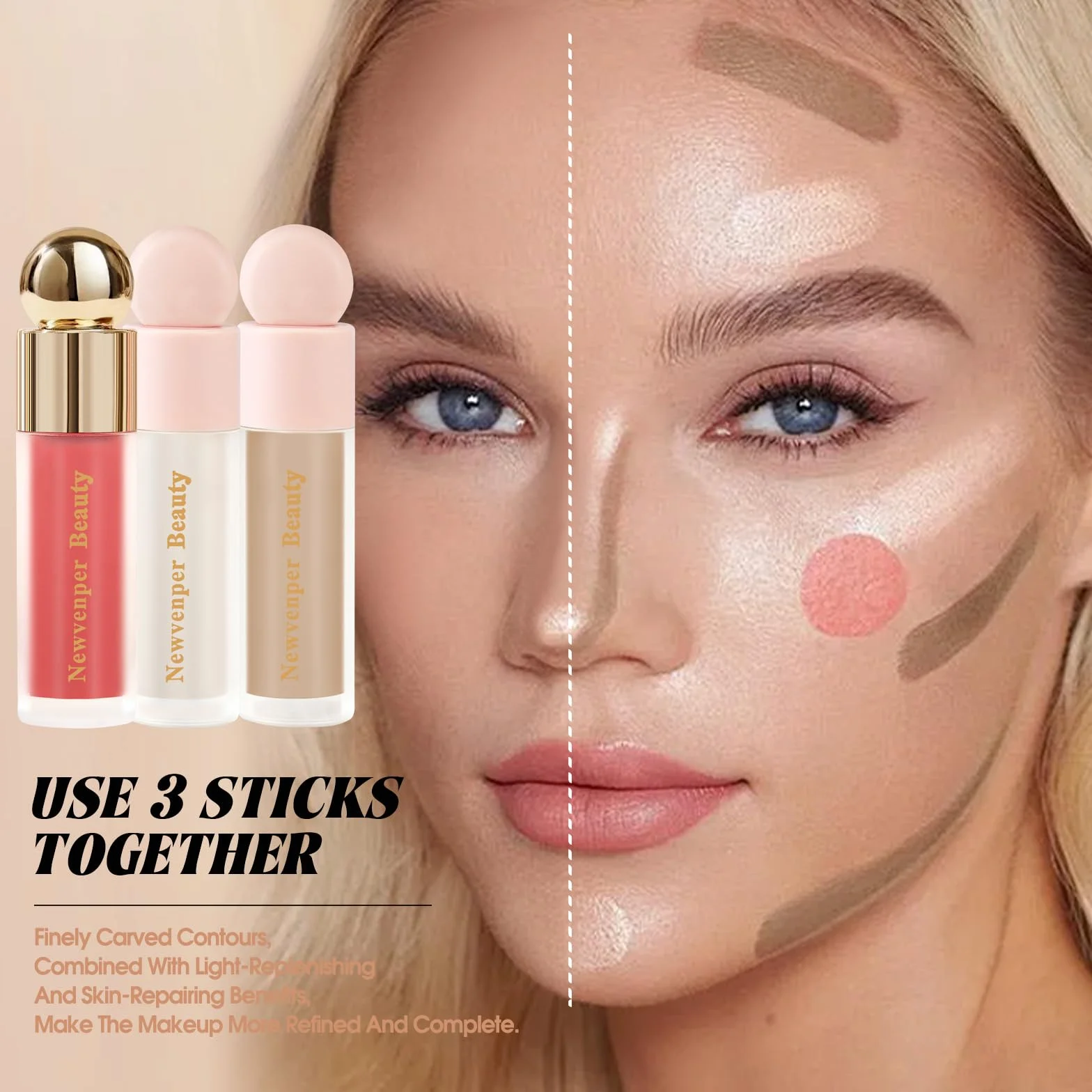 Newvenper Krem, bronzer + rozświetlacz + róż, z pędzelkiem do twarzy, długotrwały i gładki, róż, rozświetlacz i bronzer do konturowania w płynie