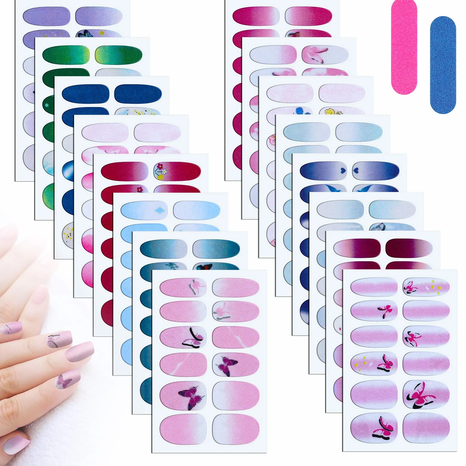 MWOOT 16 arkuszy naklejek na paznokcie z motywem motyla, z pilnikiem do paznokci, naklejki na paznokcie, naklejki na paznokcie, samoprzylepne naklejki do manicure, do samodzielnego zdobienia paznokci