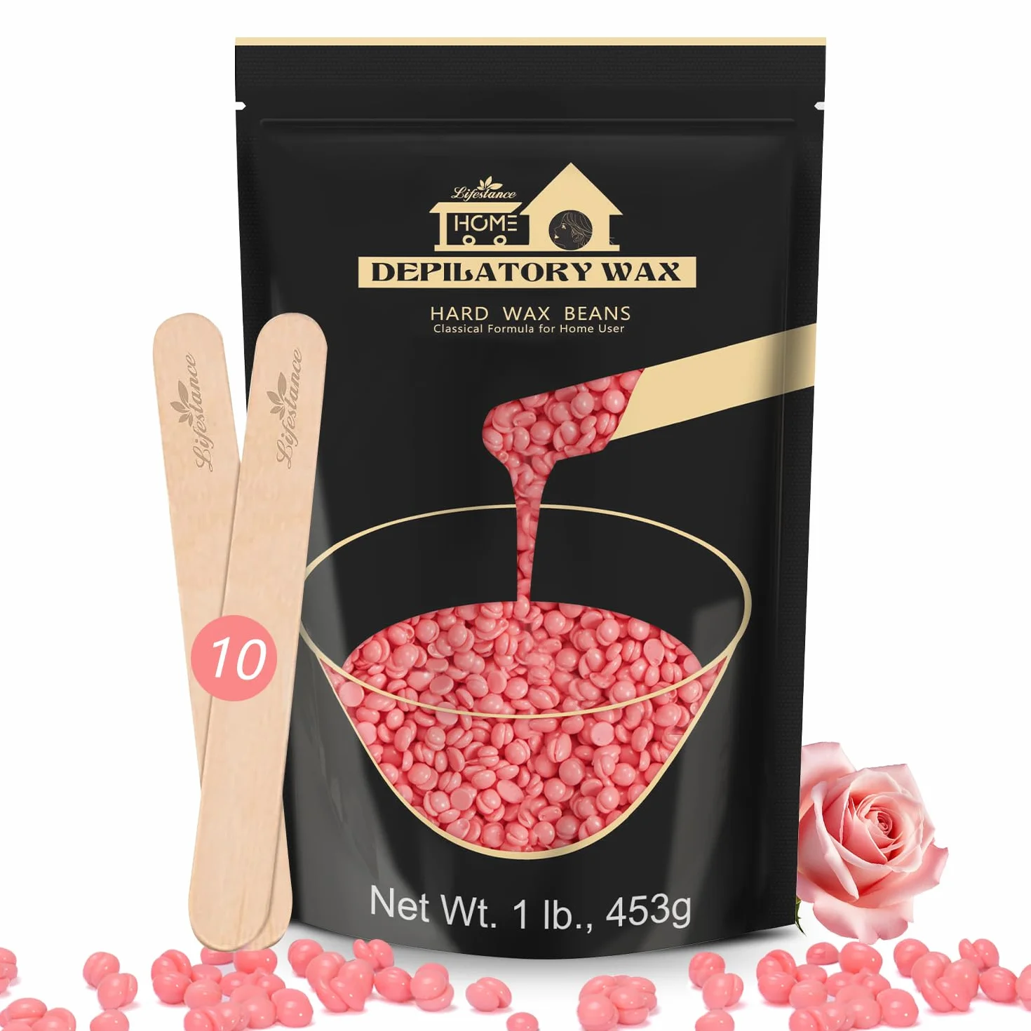 Lifestance Koraliki woskowe, 450 g, różowe koraliki woskowe, brazylijski wosk bikini z 10 aplikatorami, koraliki woskowe bez pasków do twarzy, górnej wargi, nóg, brwi do delikatnego usuwania włosów.