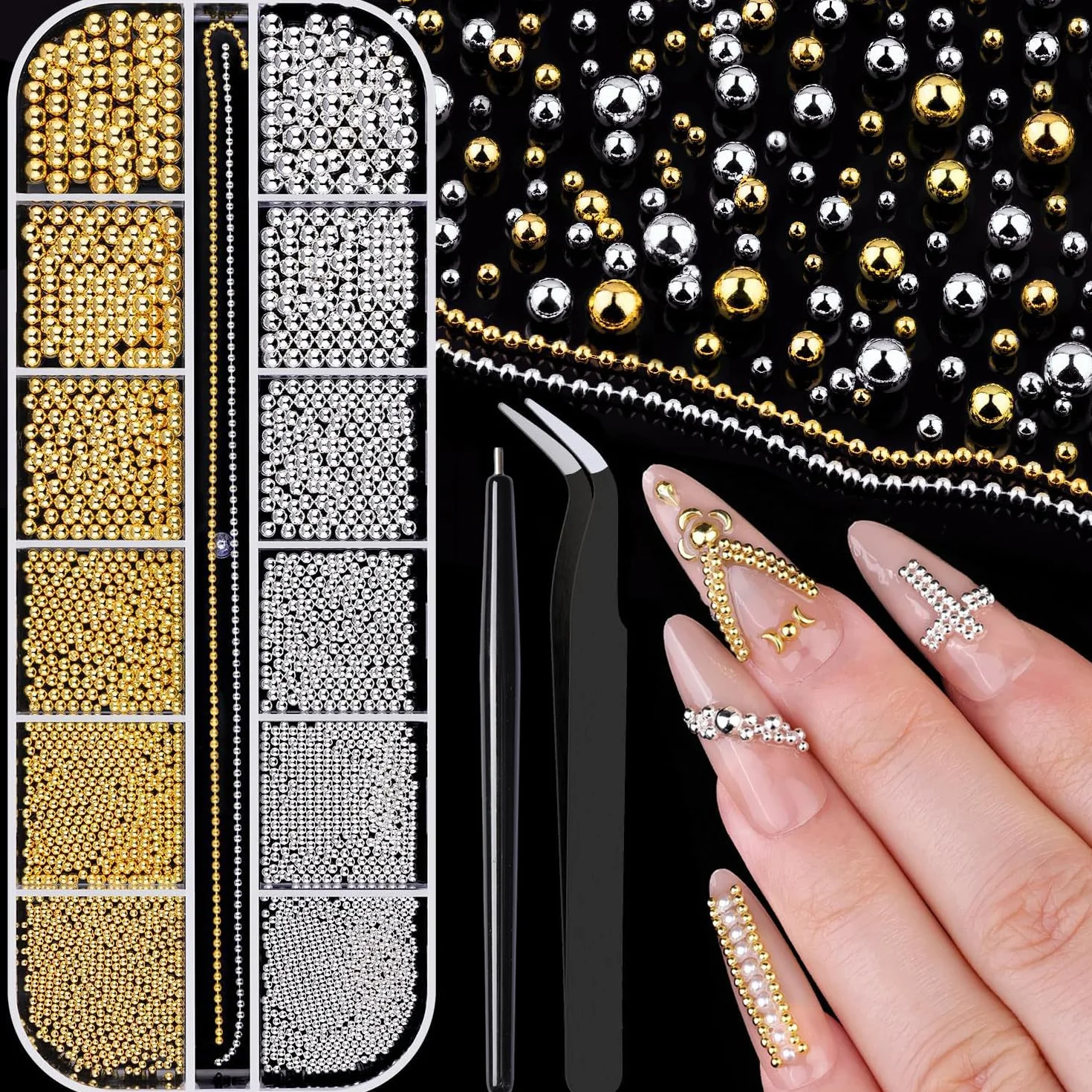 Mini koraliki do paznokci, 1-3 mm, metalowe koraliki kawiorowe, srebrne i złote, koraliki do zdobienia paznokci, mikrokawior do paznokci, cyrkonie do dekoracji manicure